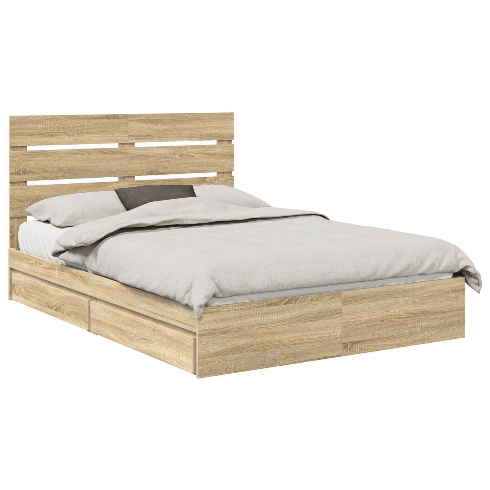 Ein Holzplattformbett mit einem Lamellenrahmen, versehen mit einer hellen Holzoberfläche, ordentlich bezogen mit weißer Bettwäsche und einem grauen Zierkissen.