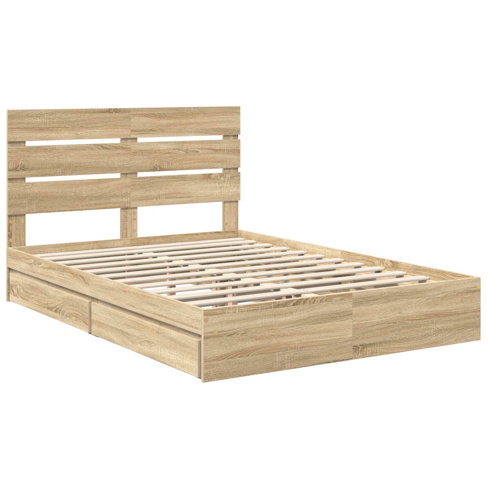 Ein Holz-Doppelbett mit Lattenrost-Kopfteil und Lattenrost-Bodengestell, das eine natürliche Holzoberfläche und ein modernes Design aufweist.