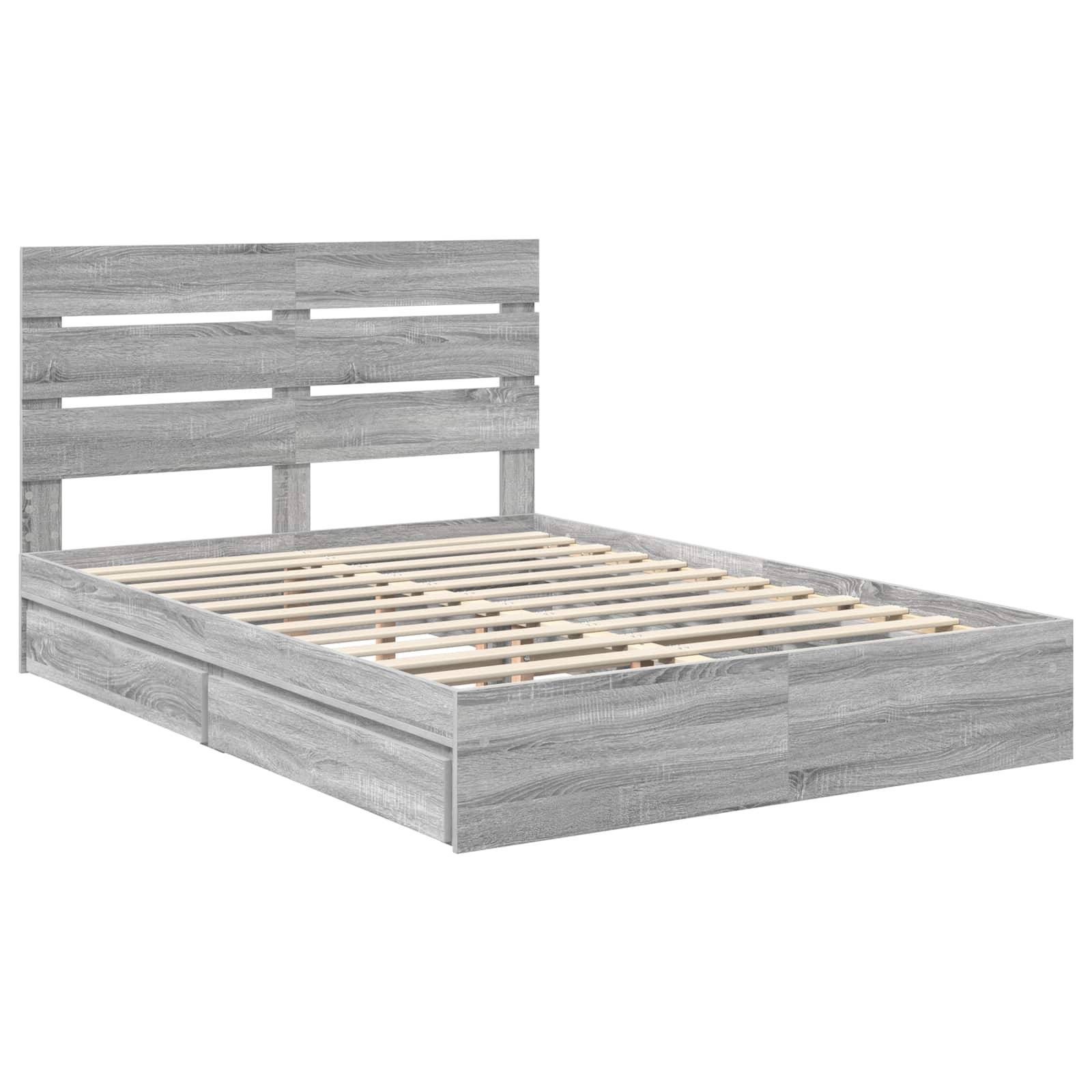 Ein grauer Holz-Plattformbettrahmen mit einem lamelliertem Kopfteil, ohne Matratze, der ein minimalistisches und modernes Design präsentiert.