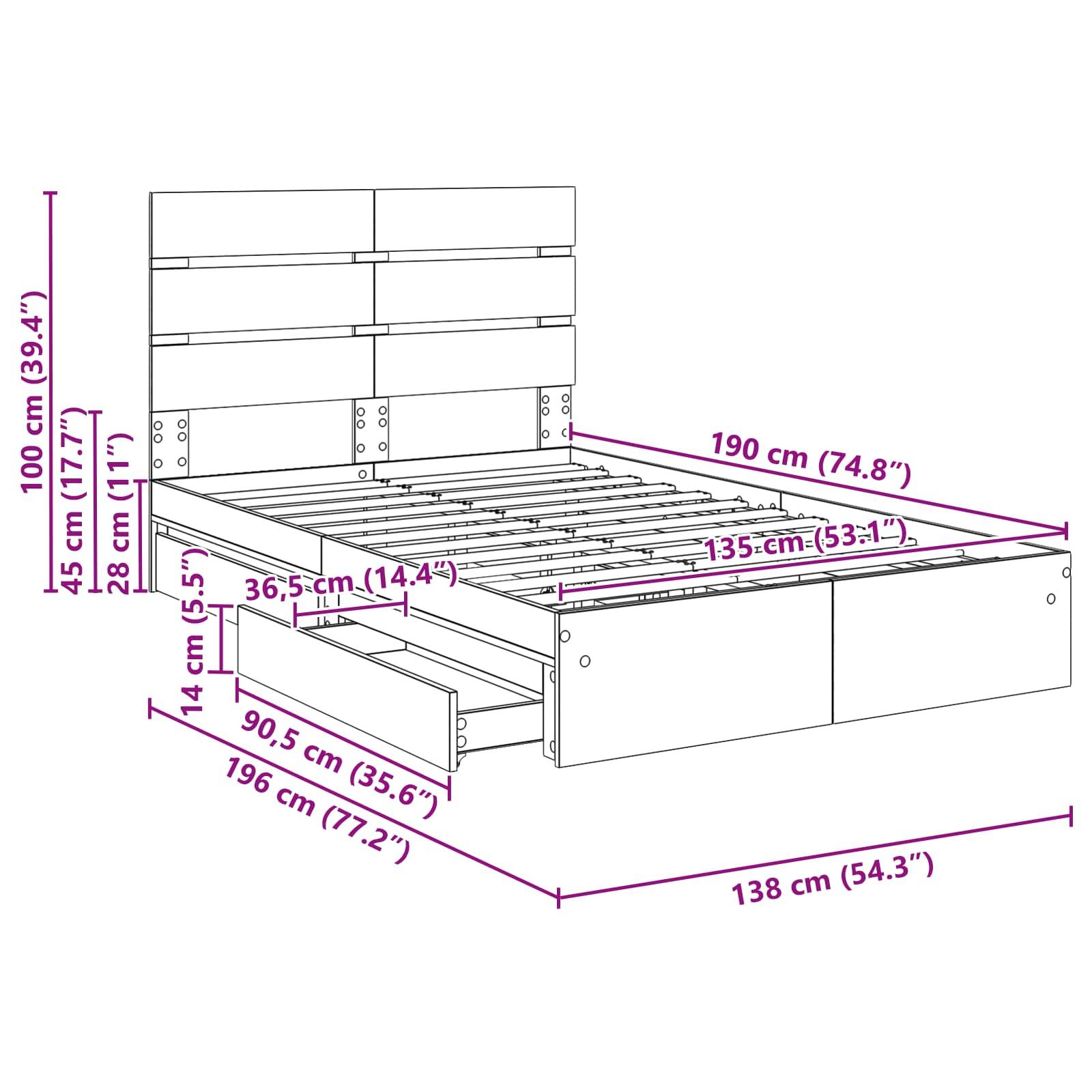 Darstellung eines Bettgestells mit Maßen: Länge 196 cm, Breite 138 cm, Höhe des Kopfteils 100 cm und dargestellten Staurageschubladen.