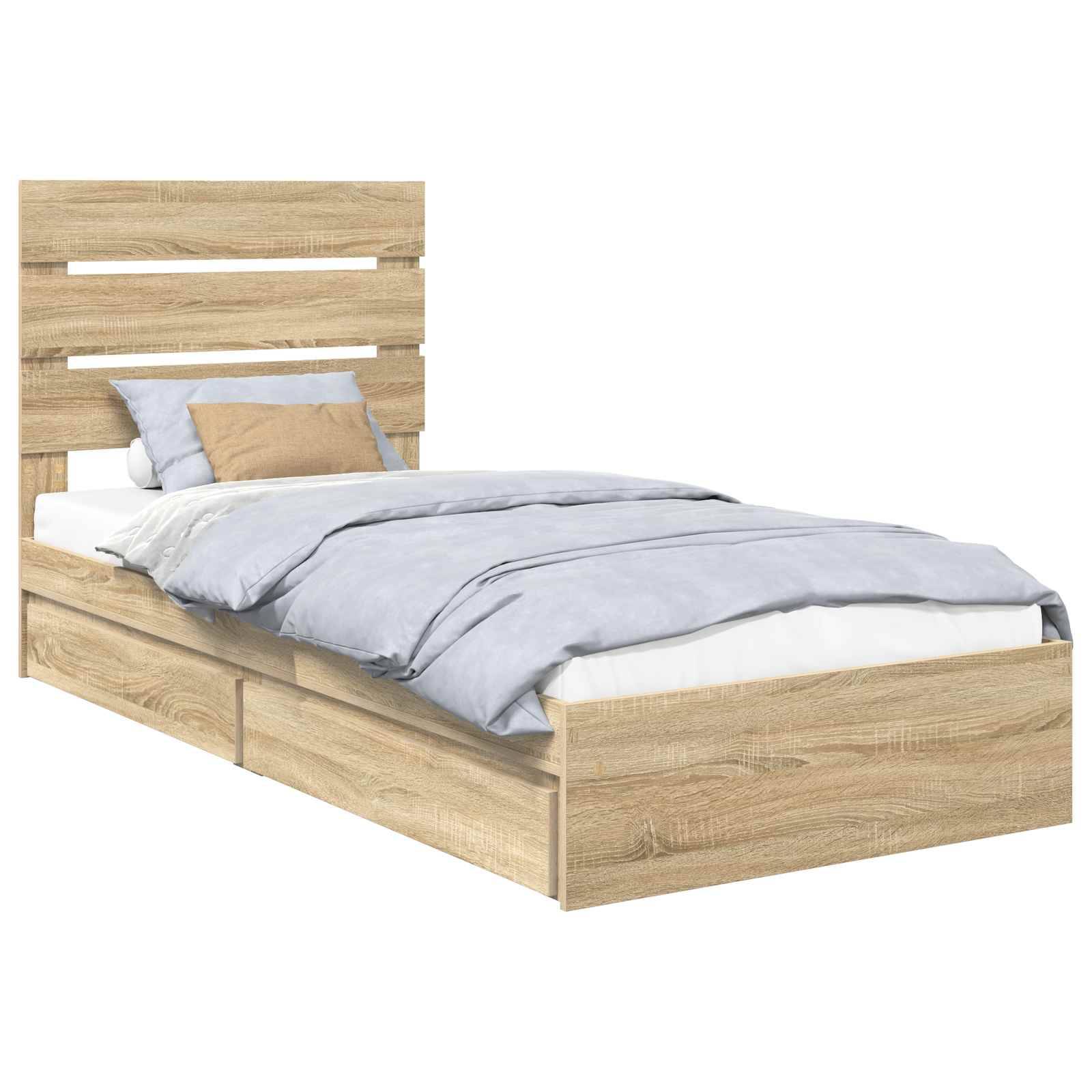 Ein Holzbett mit hohem Kopfteil, hellgrauen Bettwäsche und einem braunen Akzent-Kissen, ausgestattet mit zwei Staurageschubladen darunter.