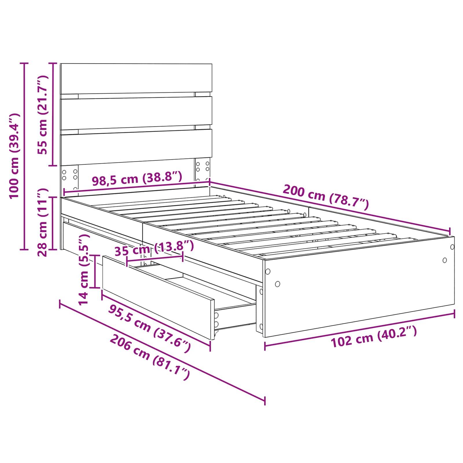 Eine technische Zeichnung eines Einzelbettes mit Dimensionen: Höhe 100 cm, Breite 98,5 cm, Länge 200 cm. Merkmale umfassen Schubladen und einen Lattenrost.