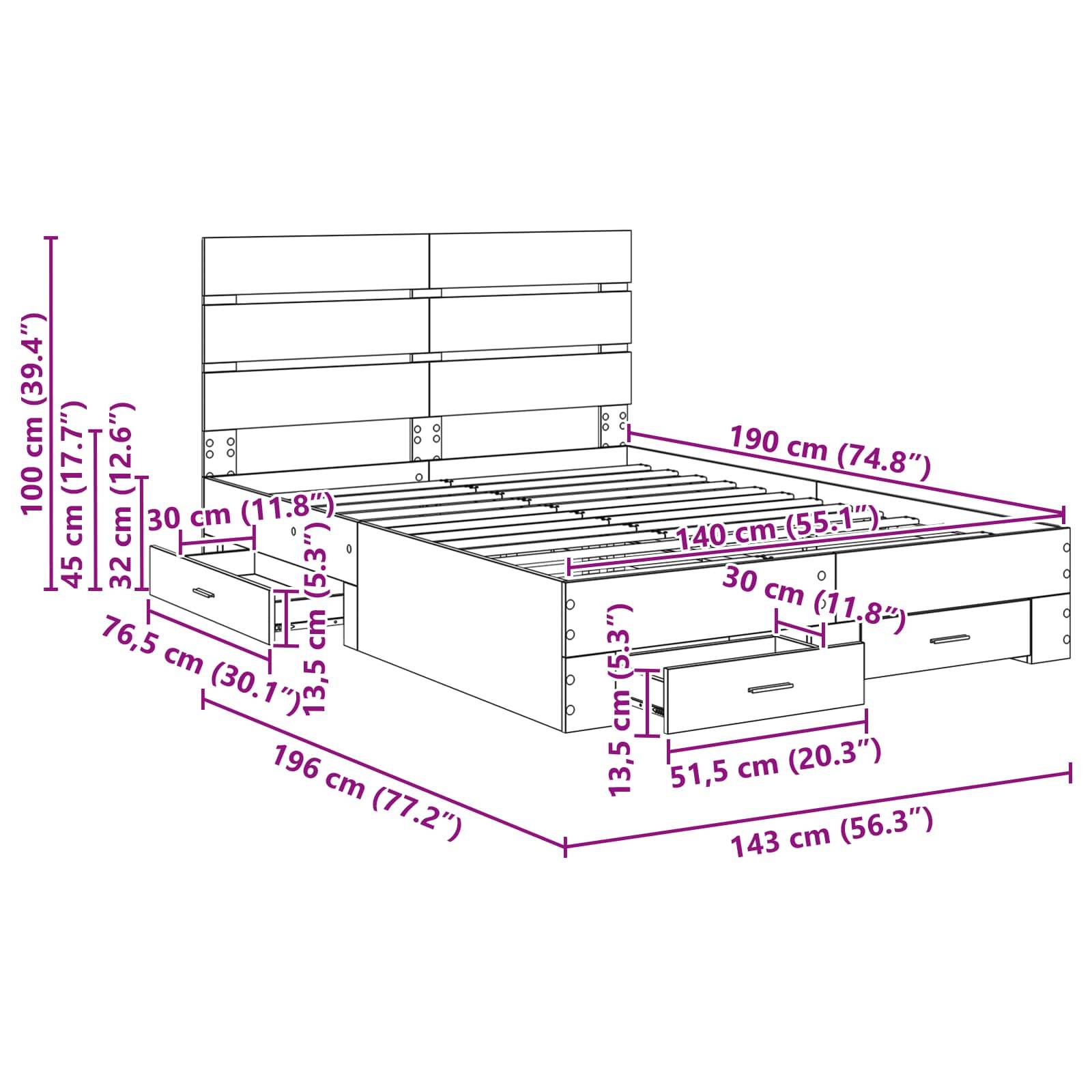 Bettrahmen-Schematische Darstellung mit Maßen: 196 cm lang, 143 cm breit, 100 cm hoch. Beinhaltet Kopfteil, seitliche Schubladen und Fußschubladen.