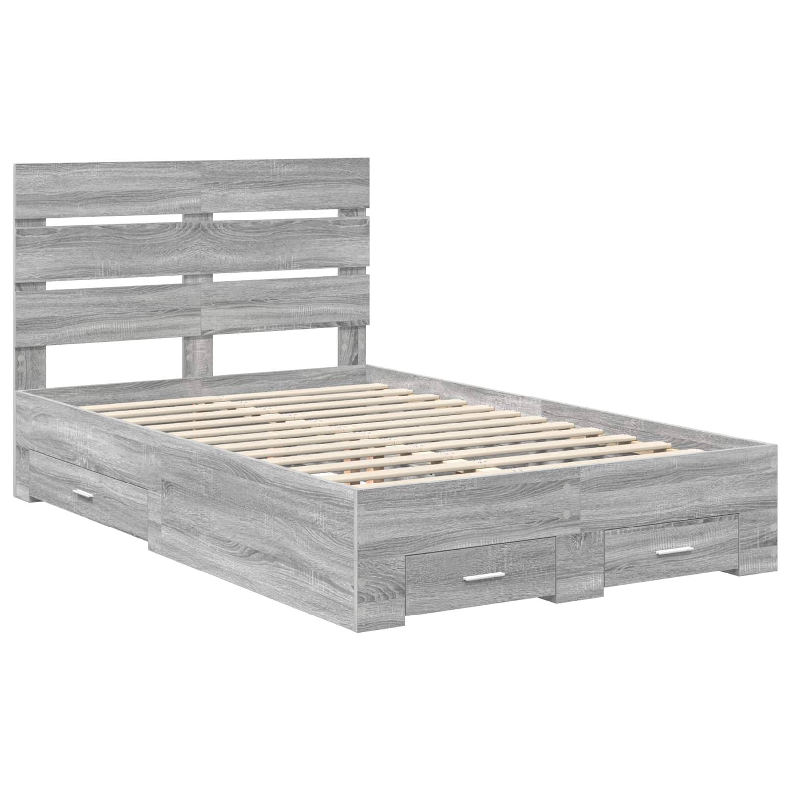 Ein grauer Holzbettrahmen mit Lattenrost und Unterbettschubladen, der ein modernes und funktionales Schlafzimmermöbelstück präsentiert.
