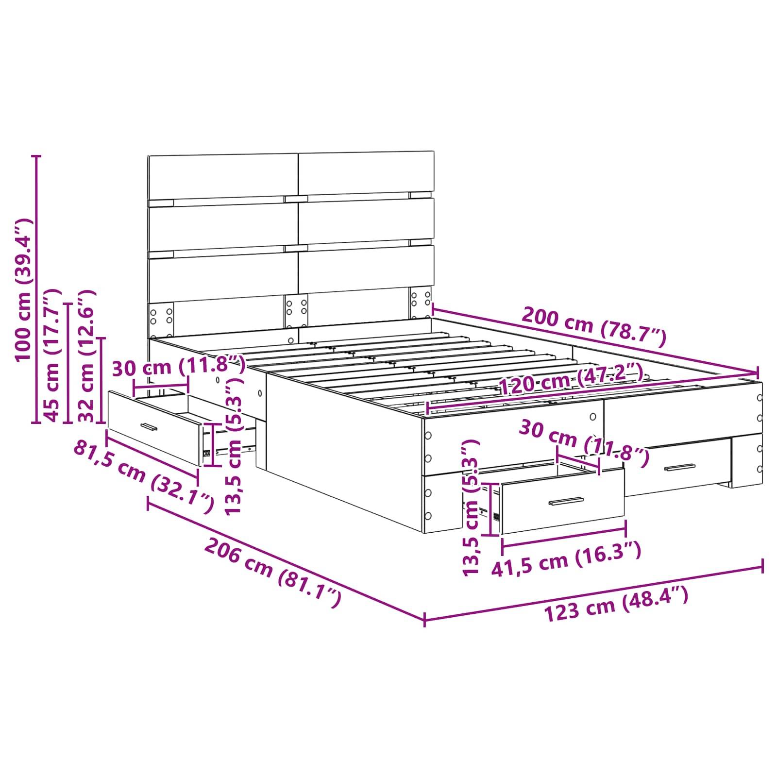 Rahmendiagramm eines Bettgestells mit Maßen: Kopfteilhöhe 100 cm, Rahmenlänge 206 cm, Breite 123 cm. Inklusive Aufbewahrungsschubladen.