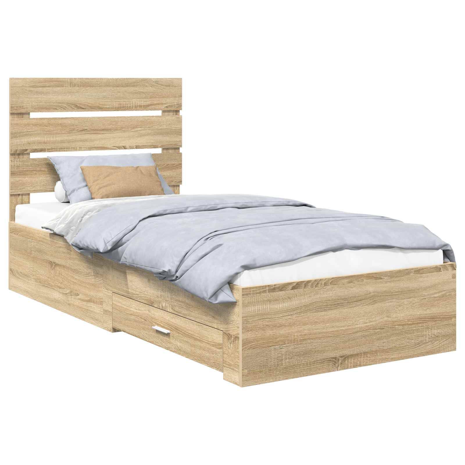 Ein Holz-Einzelbett mit zwei Schubladen darunter, aus hellem Holz gefertigt, verfügt über ein Kopfteil und ist mit weißer und hellblauer Bettwäsche bezogen.