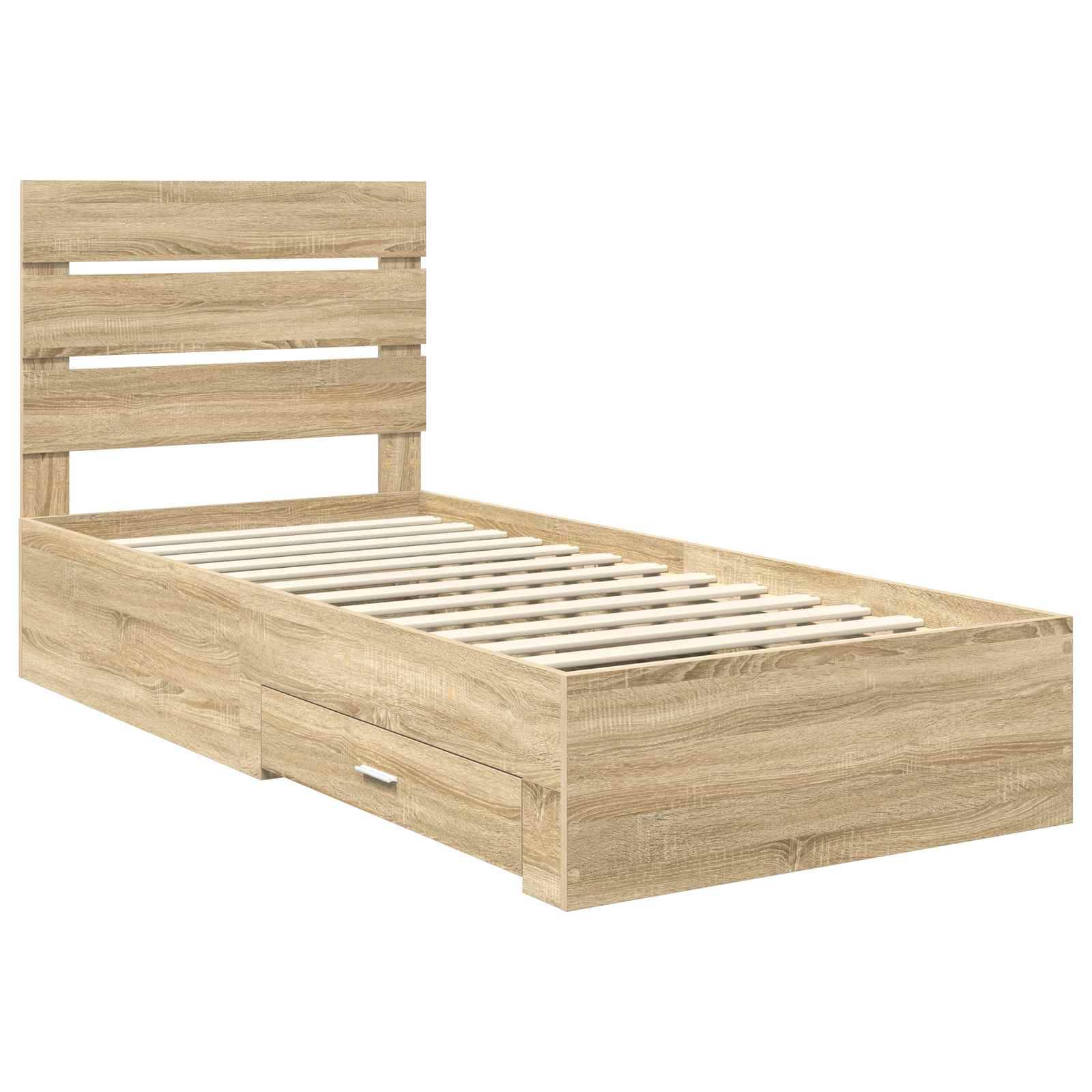 Ein Holz-Einzelbettgestell mit einem Lattenrost-Kopfteil und zwei ausziehbaren Schubladen darunter. Die Oberfläche hat einen hellen, natürlichen Holzton.