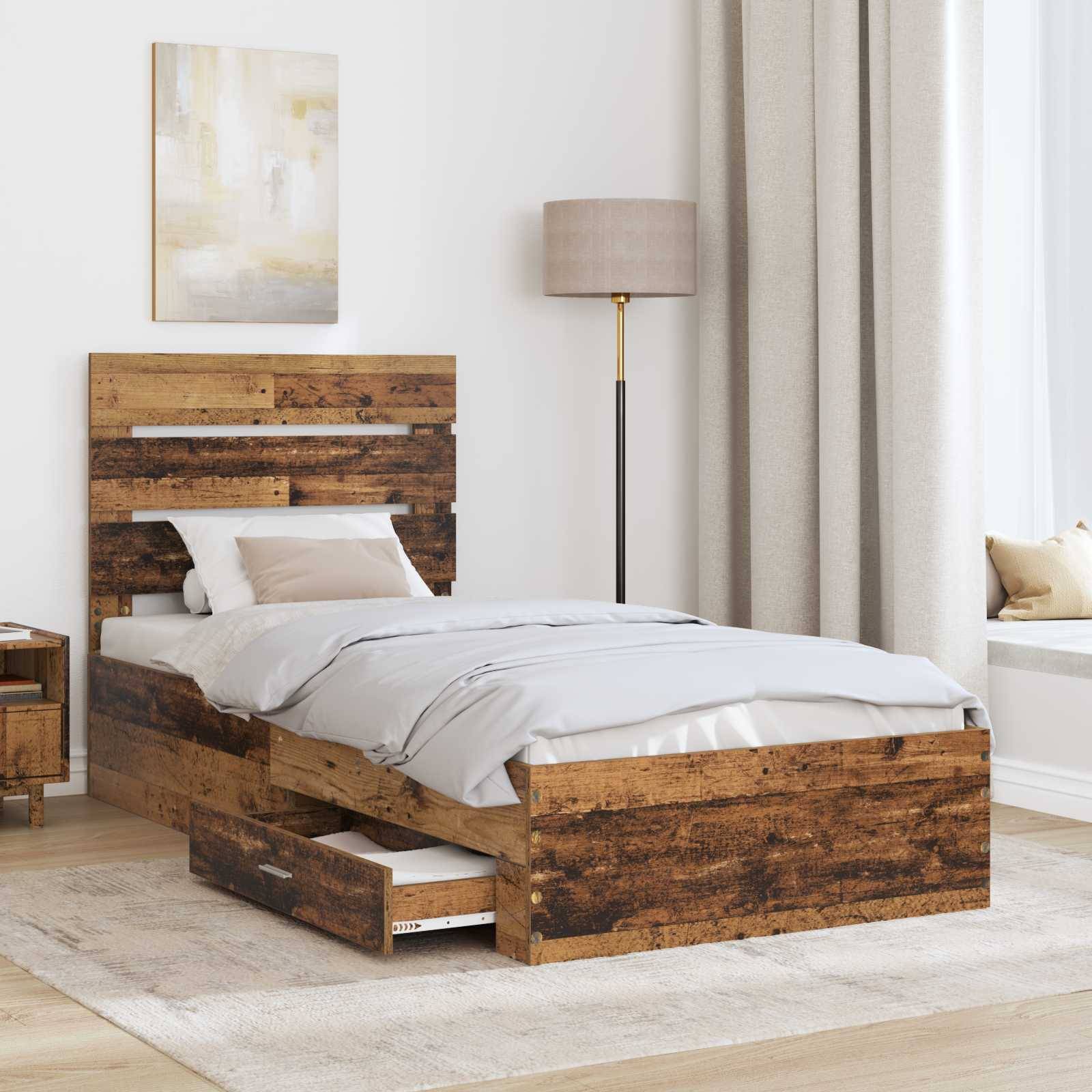 vidaXL Bettrahmen mit Schubladen Altholz 90 x 190 cm Holzwerkstoff
