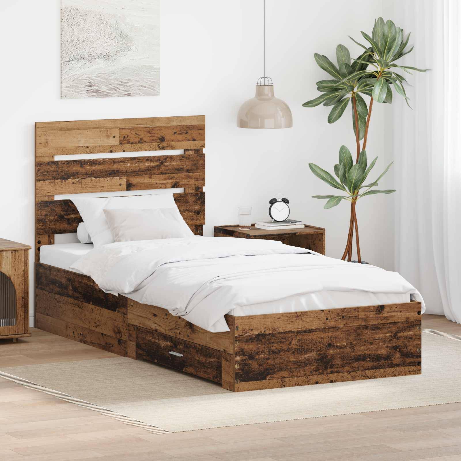 vidaXL Bettrahmen mit Schubladen Altholz 90 x 190 cm Holzwerkstoff