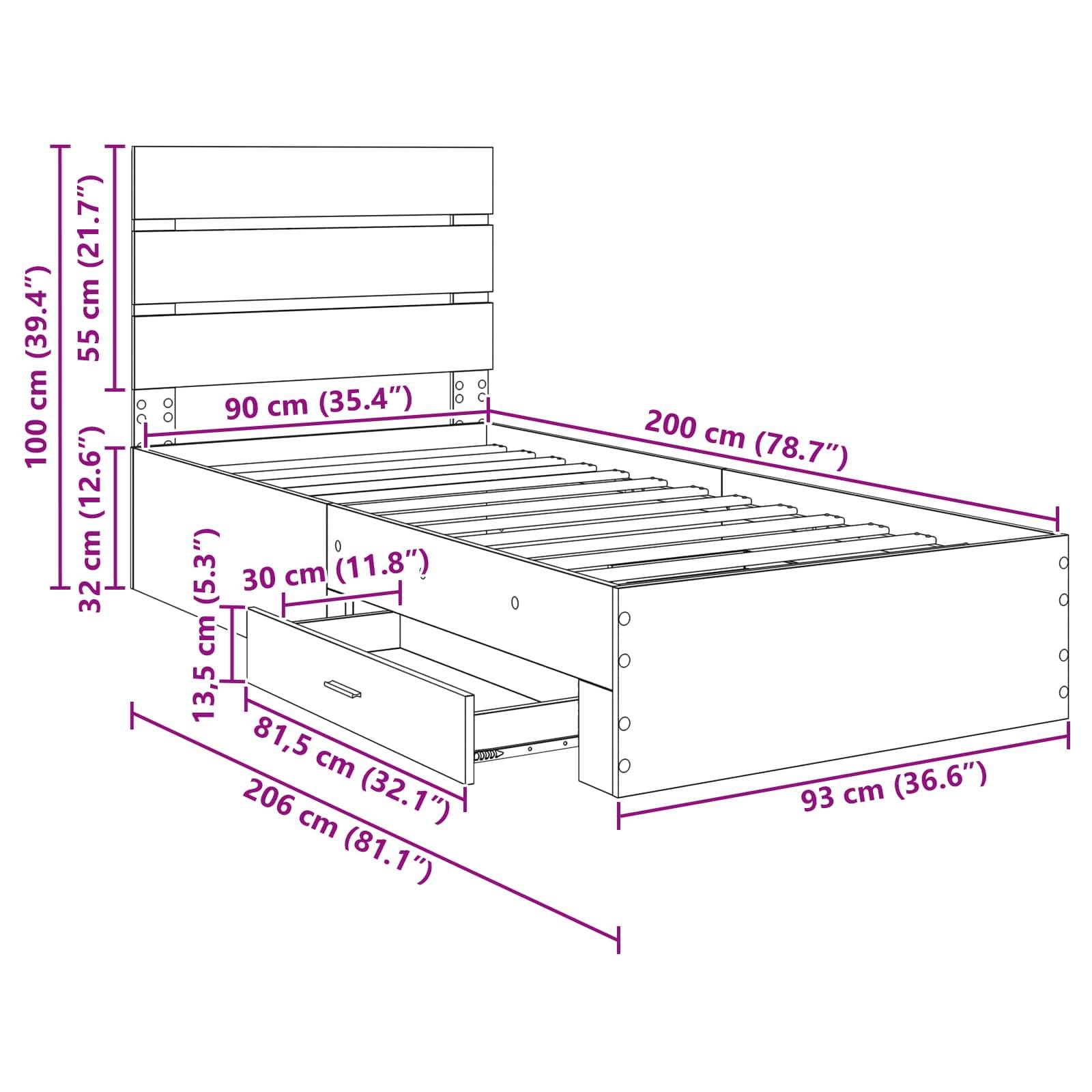 Bettrahmenabmessungen: Länge 206 cm, Breite 93 cm, Höhe 100 cm. Eigenschaften umfassen Kopfteil, Unterbettschubladen, Lattenrost.