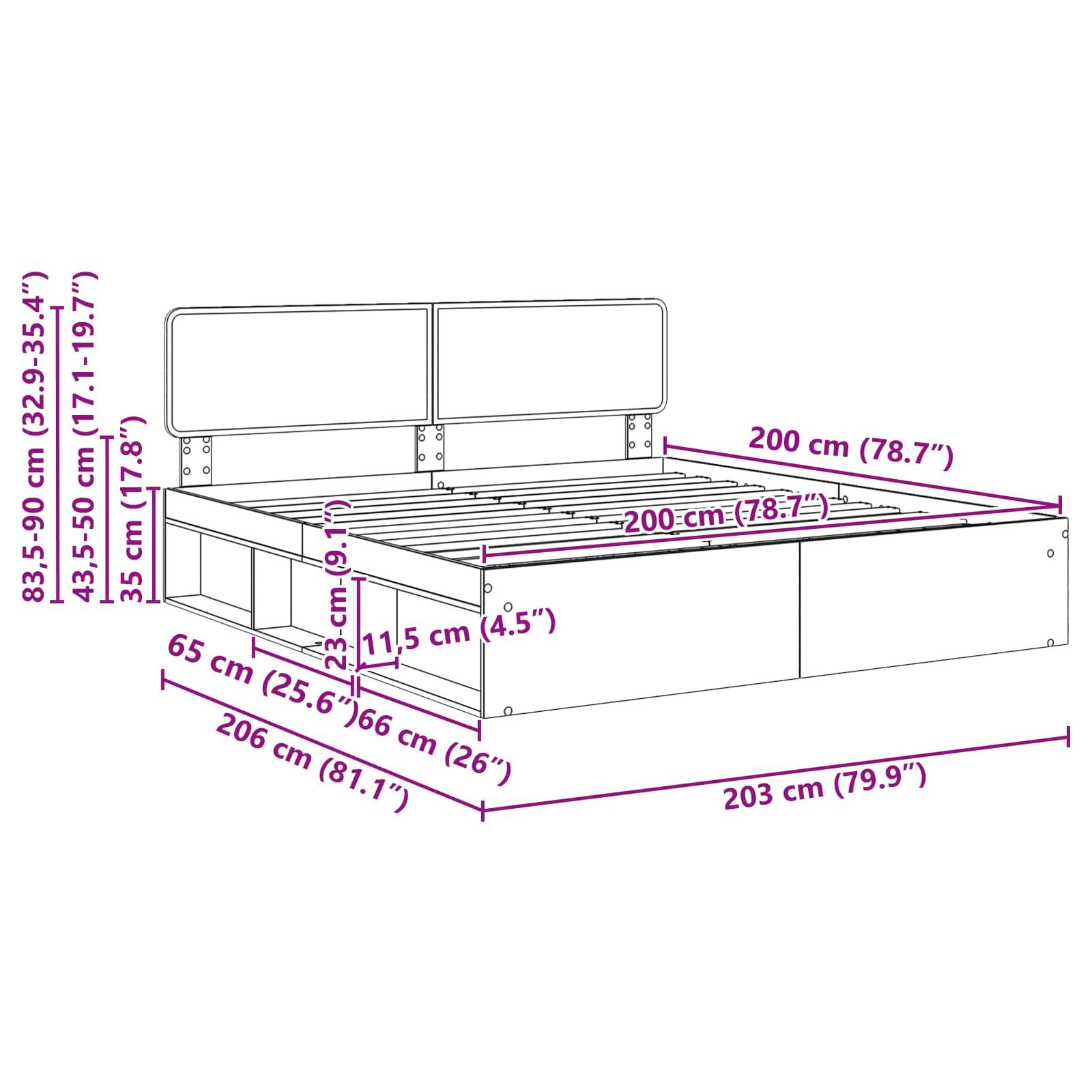 Darstellung eines Bettgestells mit Maßangaben. Höhe des Kopfteils: 83,5-90 cm; Breite: 203 cm; Länge: 206 cm; Betthöhe: 35 cm.