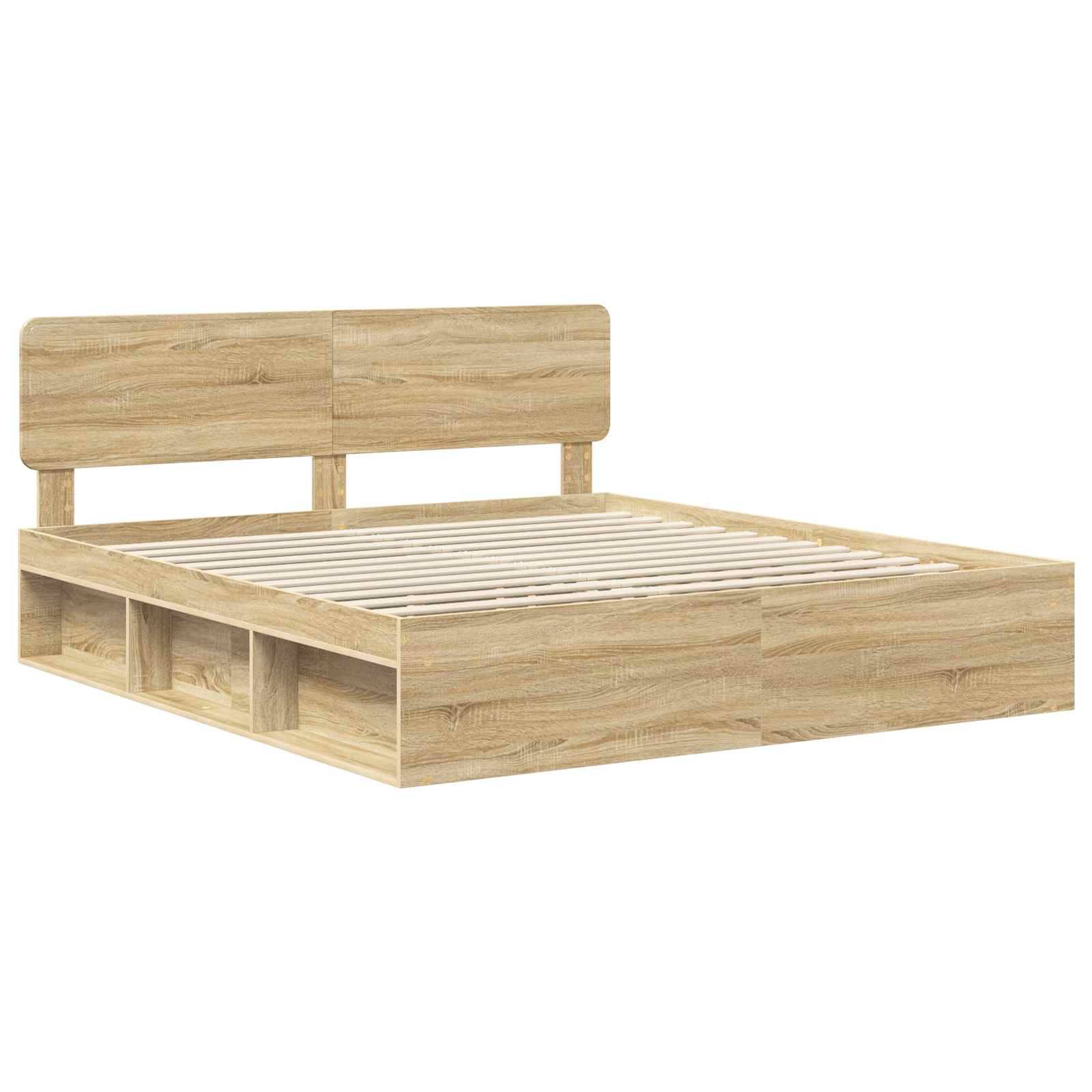 Ein Holzbettgestell mit einem Kopfteil und Stauraumfächern darunter. Das Design ist minimalistisch mit einer natürlichen Holzoberfläche.