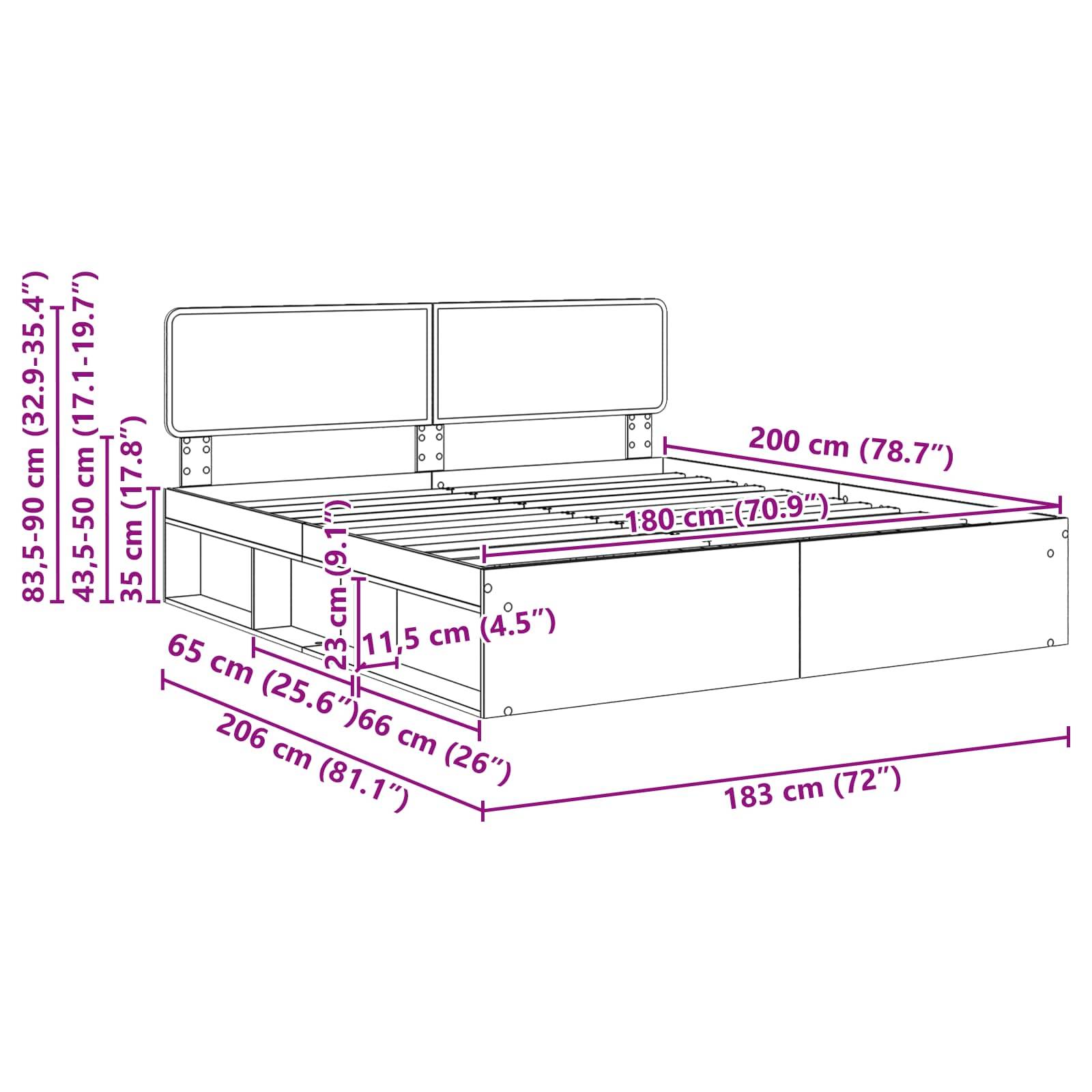 Illustrierte Darstellung eines Bettgestells mit Stauraum. Enthält Maße: Länge 206 cm, Breite 183 cm, Höhe 35 cm, verstellbare Kopfteilhöhe 83,5-103 cm.