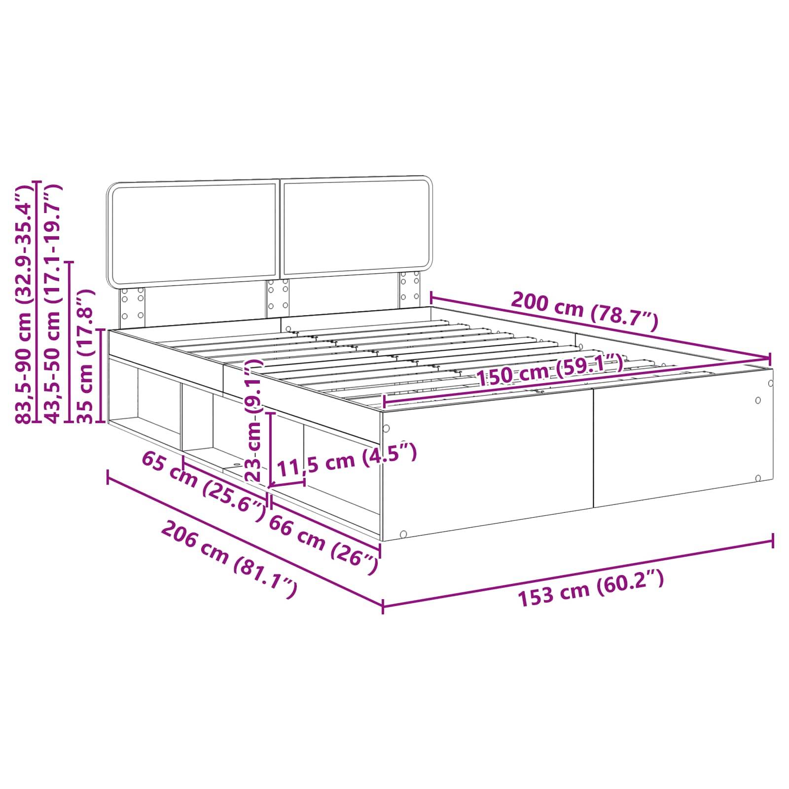 Linienzeichnung eines Bettgestells in Queensize mit Stauraum. Abmessungen sind gekennzeichnet: Länge 206 cm, Breite 153 cm, Höhe einstellbar von 83-90 cm.