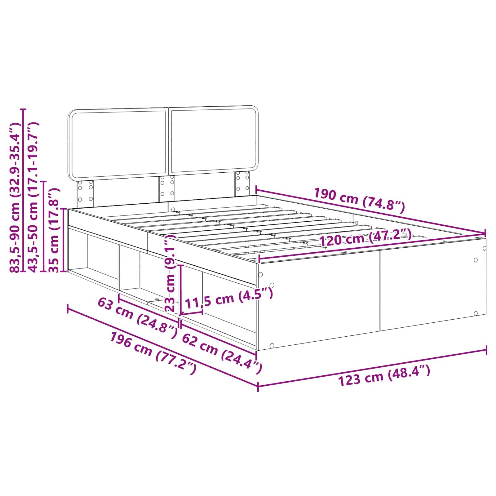 Bettrahmen-Schematik mit Abmessungen: Höhe 83,5-90 cm, Länge 196 cm, Breite 123 cm. Matratzengröße beträgt 120 cm. Merkmale umfassen Stauraumfächer.
