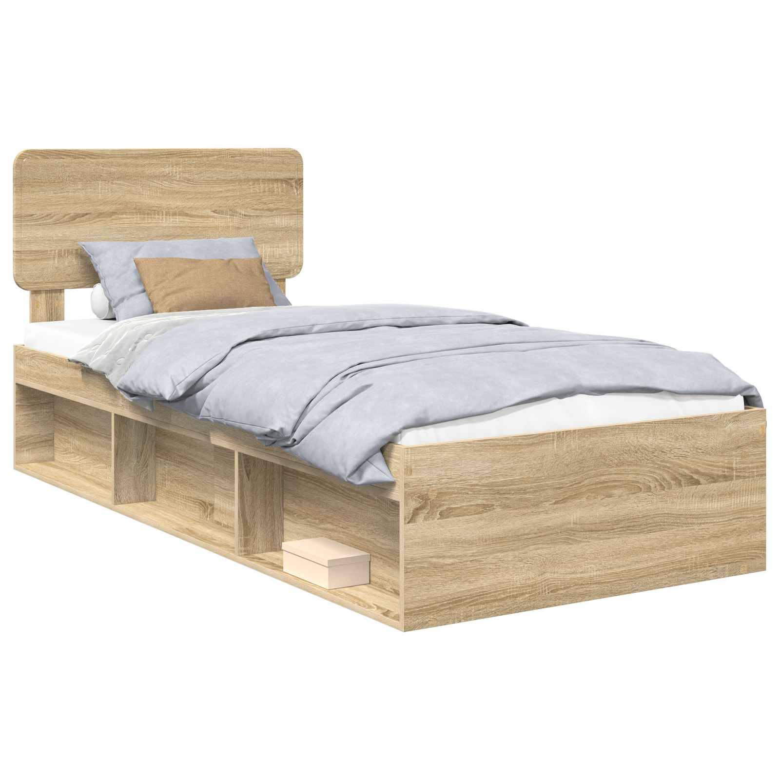 Ein Holz-Einzelbett mit Kopfteil, ausgestattet mit hellblauen Bettwäsche und einem beigen Zierkissen. Die Basis verfügt über integrierte Aufbewahrungsregale.