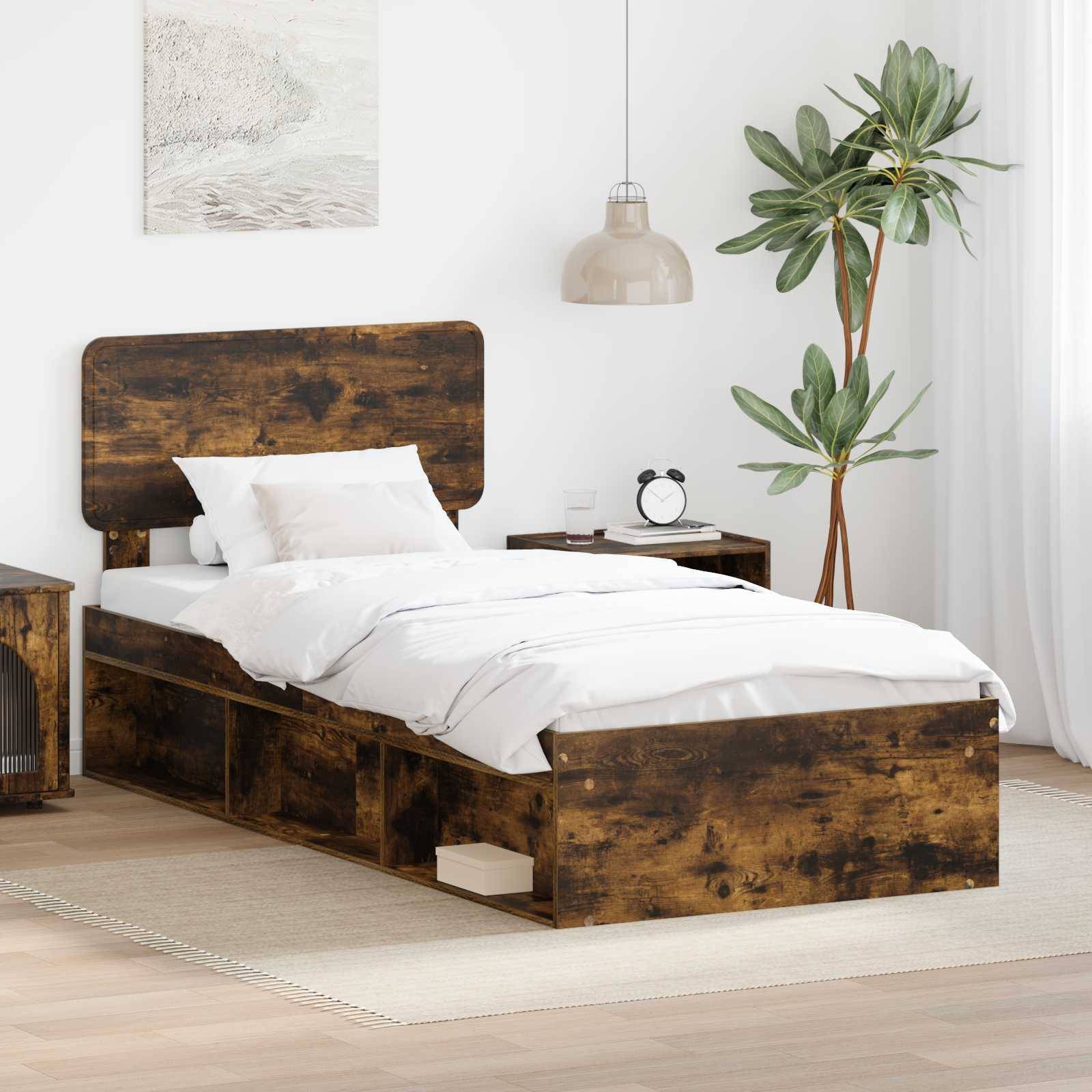 vidaXL Bettrahmen Geräucherte Eiche 90 x 200 cm Massives Kiefernholz