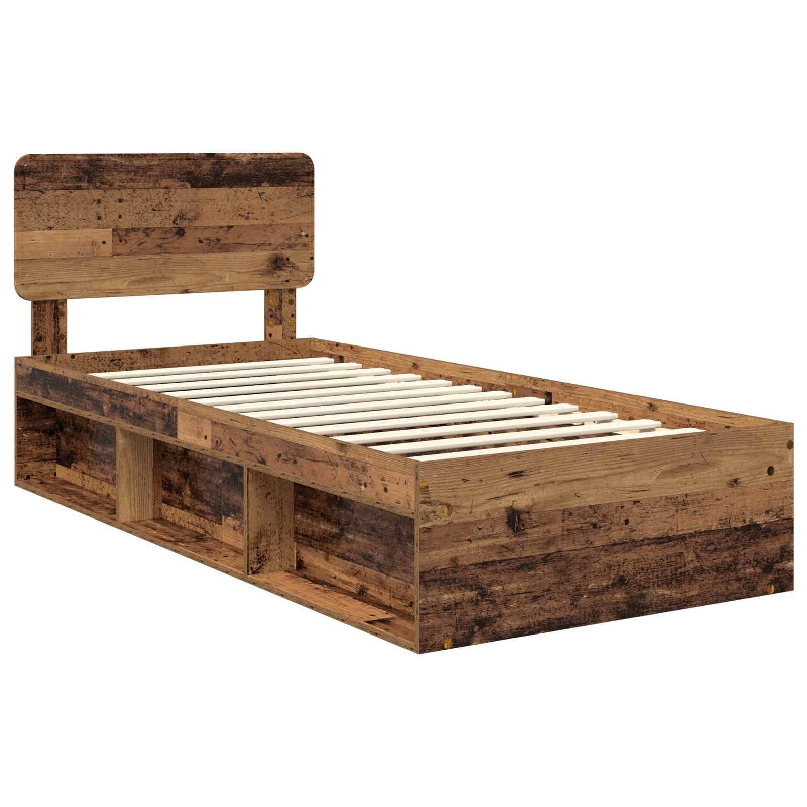 Rustikaler Holz-Einzelbettrahmen mit hohem Kopfteil und Stauraummöglichkeiten darunter, mit natürlicher Holzoberfläche.