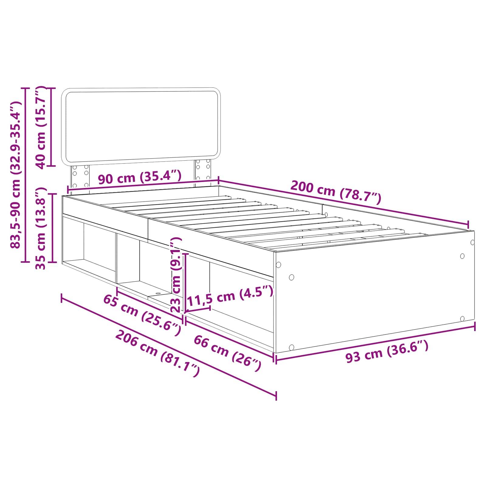 Diagramm eines Bettgestells mit Maßen: Höhe 83,5-90 cm, Breite 90 cm, Länge 200 cm. Inklusive Kopfteil und Stauraum unter dem Rahmen.