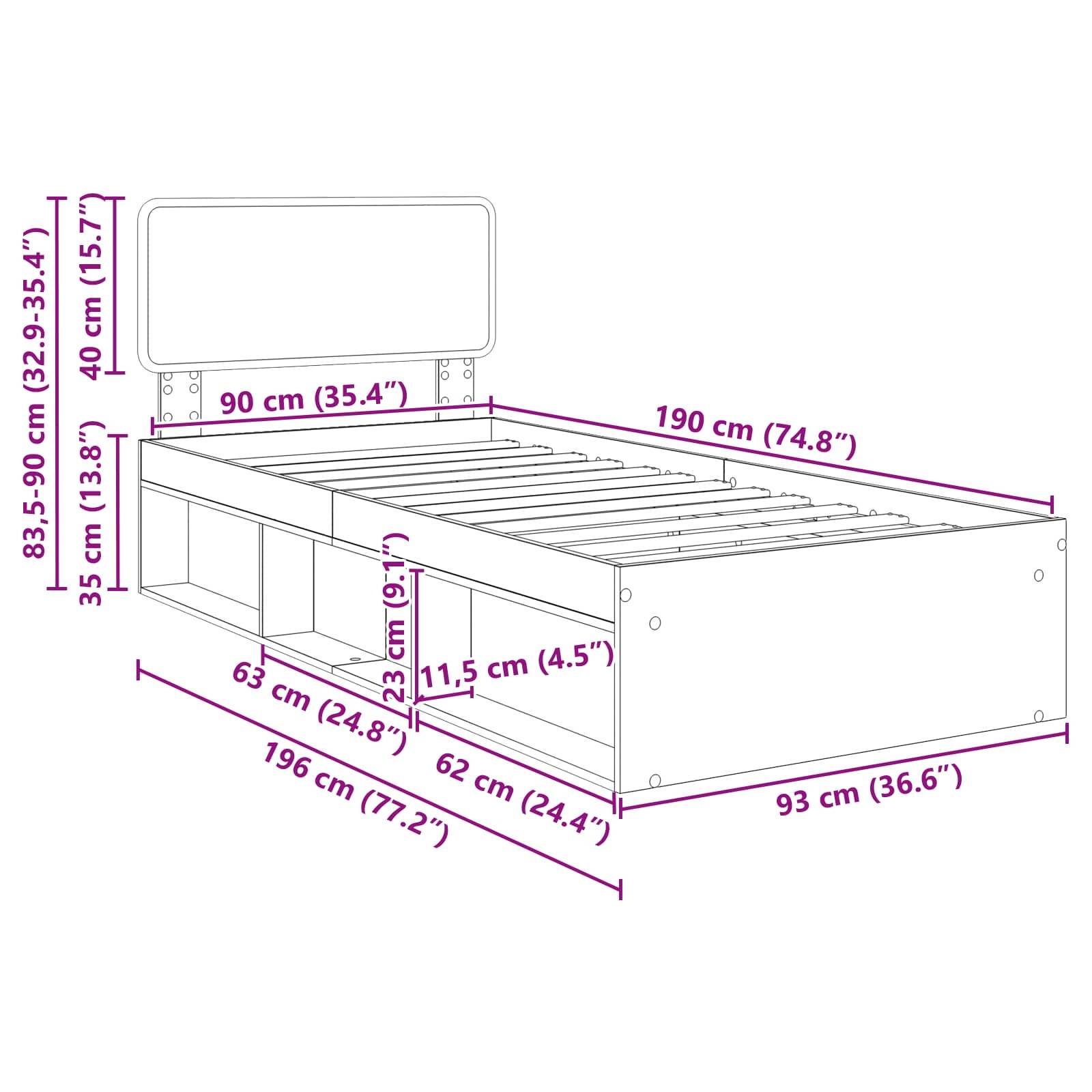 Maße und strukturelle Details eines Bettgestells: Höhe 83,5-90 cm, Breite 90 cm und Länge 190 cm, mit Stauraumbereichen und Beinen.