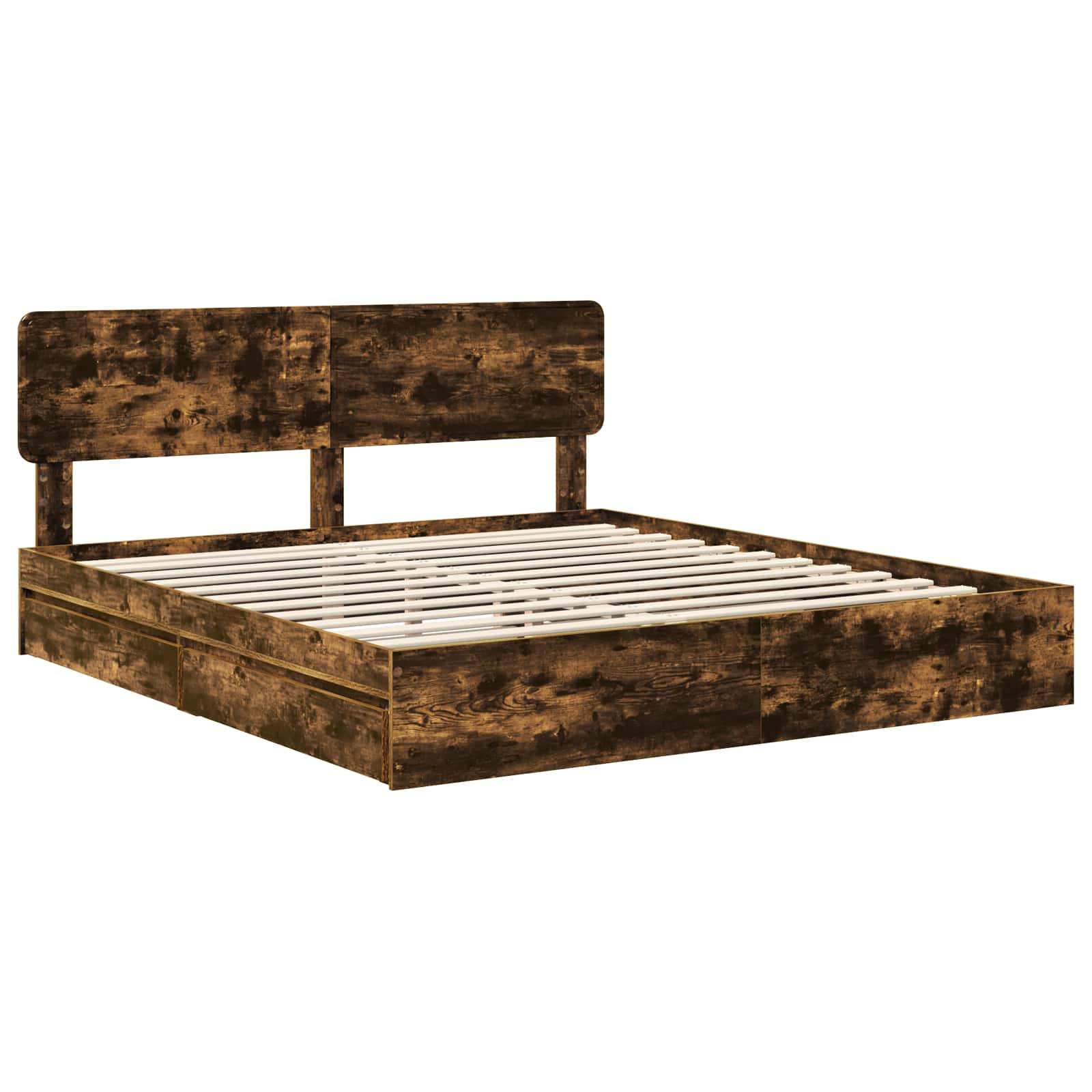 Ein Holzbettgestell mit solidem Kopfteil und Lattenrost, in dunkler Brauntönung, passend für eine moderne Schlafzimmereinrichtung.