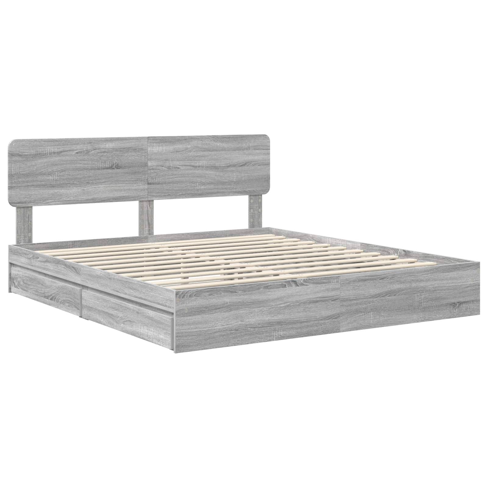 Holzbettgestell mit Lattenrost und Kopfteil in Hellgrau. Verfügt über Aufbewahrungsschubladen an den Seiten. Zeitgemäßes Design.