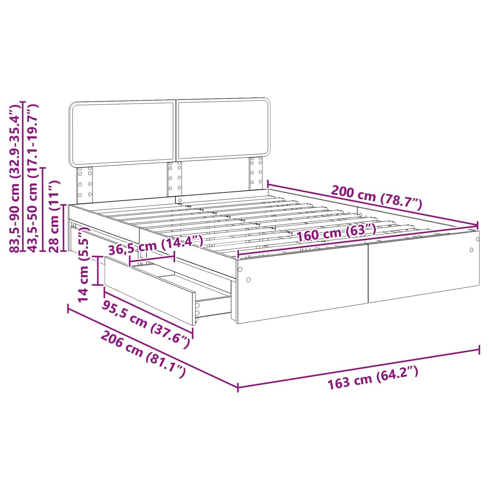 Skizze eines Bettgestells mit Maßen: 200 cm Länge, 160 cm Breite und Kopfteilhöhe 83,5-98,5 cm. Inklusive Staurageschubladen.