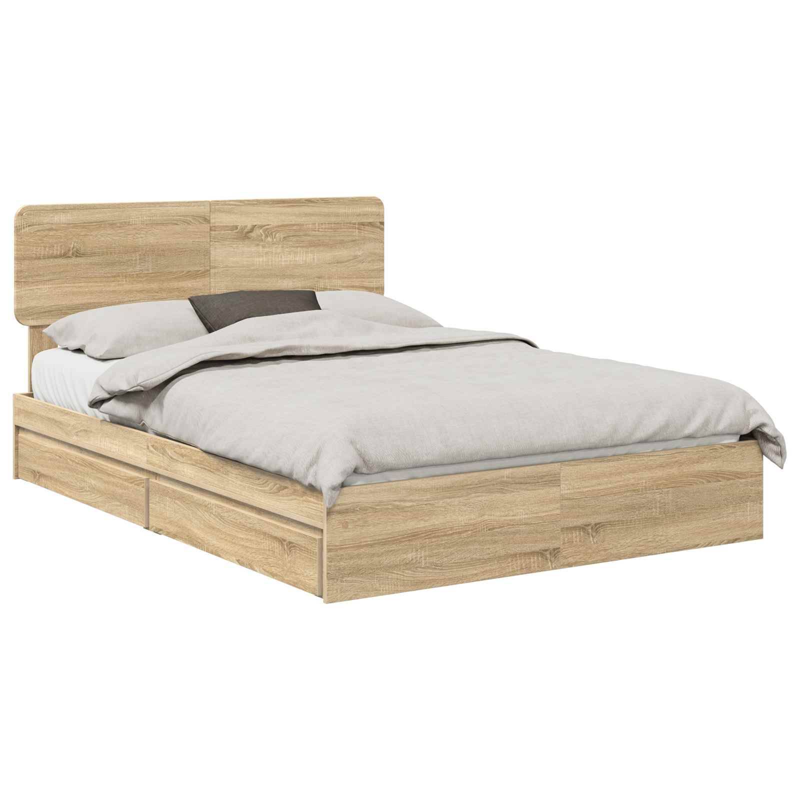 Ein Holzbettgestell mit einem Kopfteil, weißen Bettwäsche und grauen und weißen Kissen, von vorne gegen einen weißen Hintergrund gesehen.