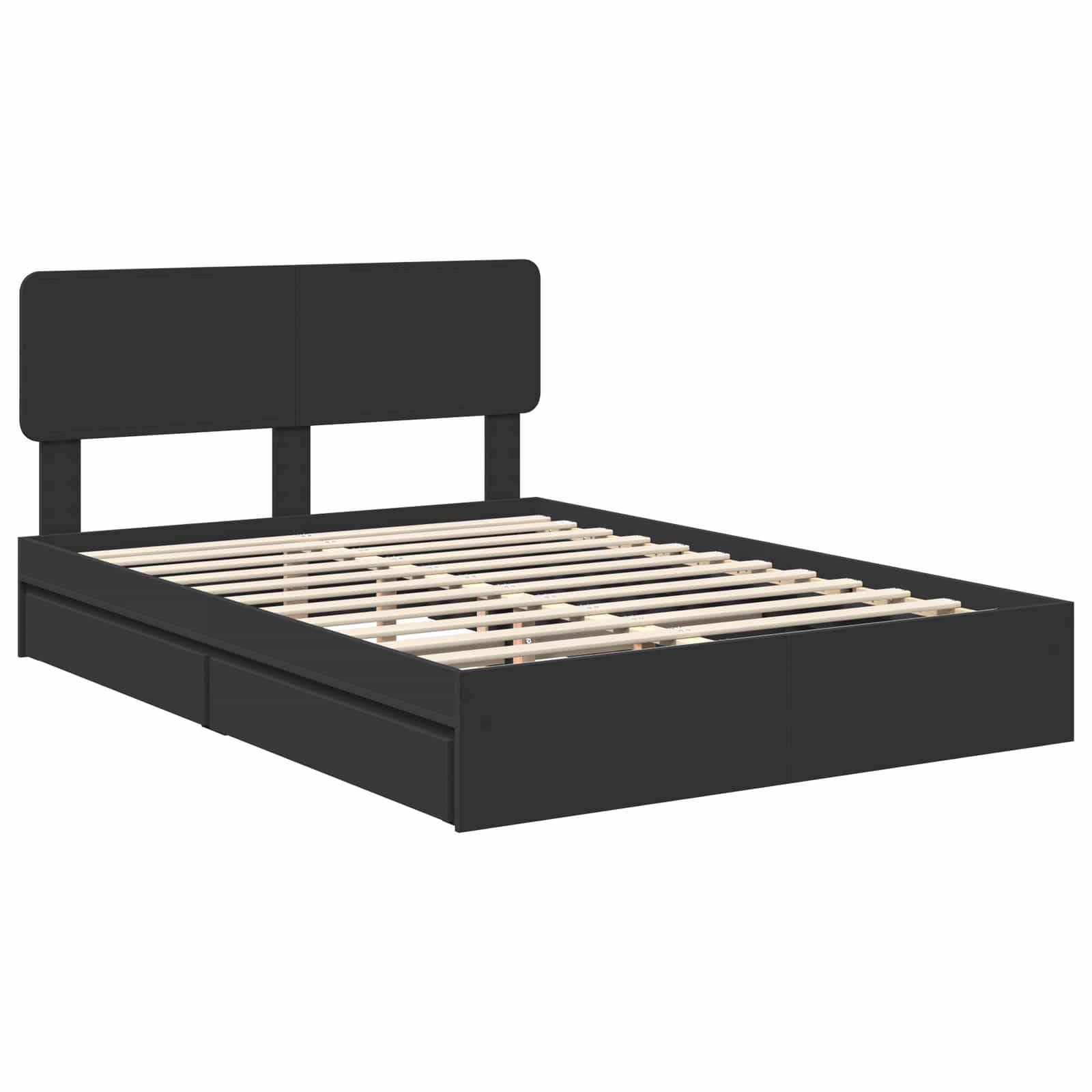 Ein schwarzer Bettrahmen in Queensize mit Holzlatten und einem minimalistischen Kopfteil, ausgestattet mit zwei Bettkasten-Schubladen an einer Seite.