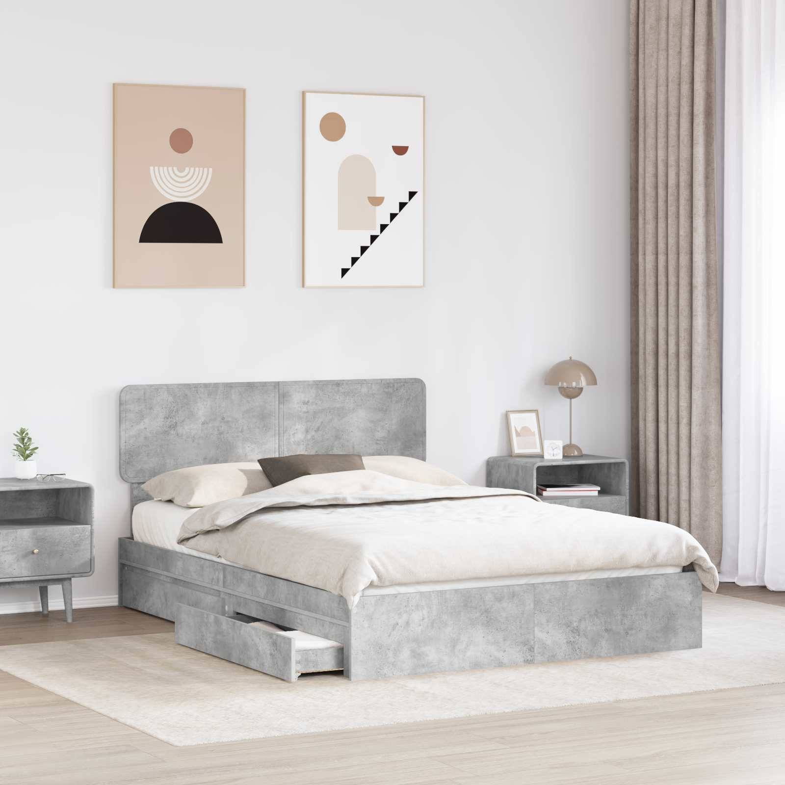Ein modernes Schlafzimmer mit einem grau gepolsterten Bett mit Schubladen, zwei abstrakten Kunstwerken darüber, einem Nachttisch mit einer Lampe und einer Pflanze.