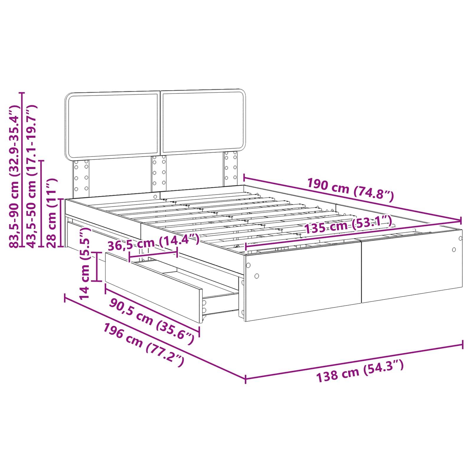 Bettmaßen-Diagramm mit Anmerkungen: Breite 190 cm, Tiefe 196 cm, Höhe verstellbar 83,5-90 cm, Schubladen-Tiefe 53,5 cm.