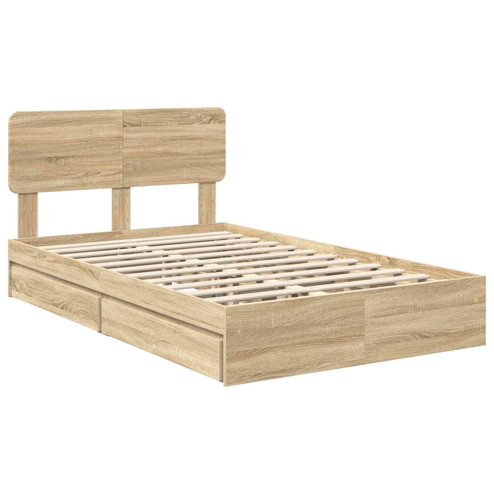 Holzbett mit hohem Kopfteil und Holzlatten, ausgestattet mit zwei Aufbewahrungsschubladen darunter. Helle Holzoberfläche.