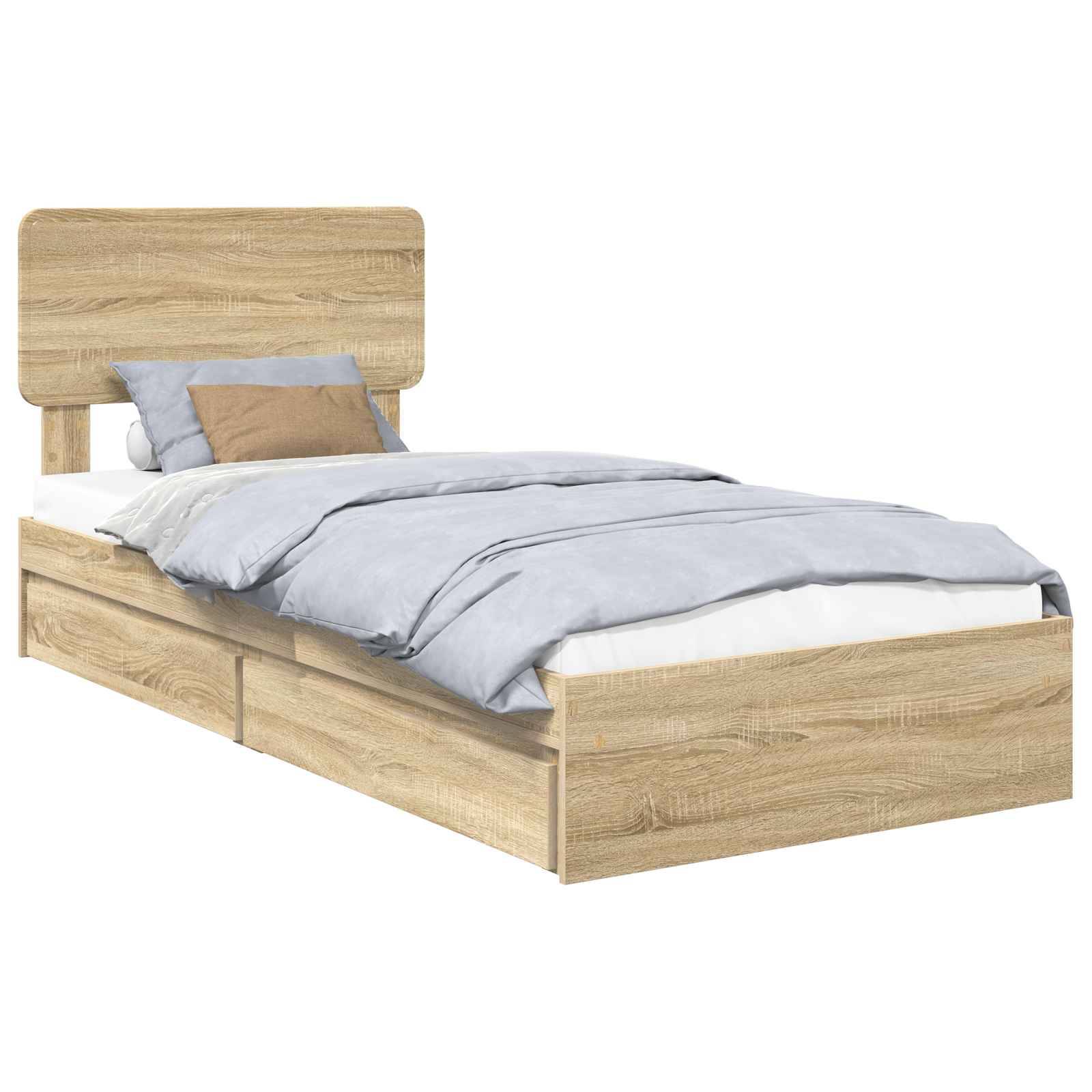 Ein Bett aus hellem Holz mit einem minimalistischen Kopfteil, zwei Schubladen unter dem Bett und Bettwäsche in Hellblau und Beige.