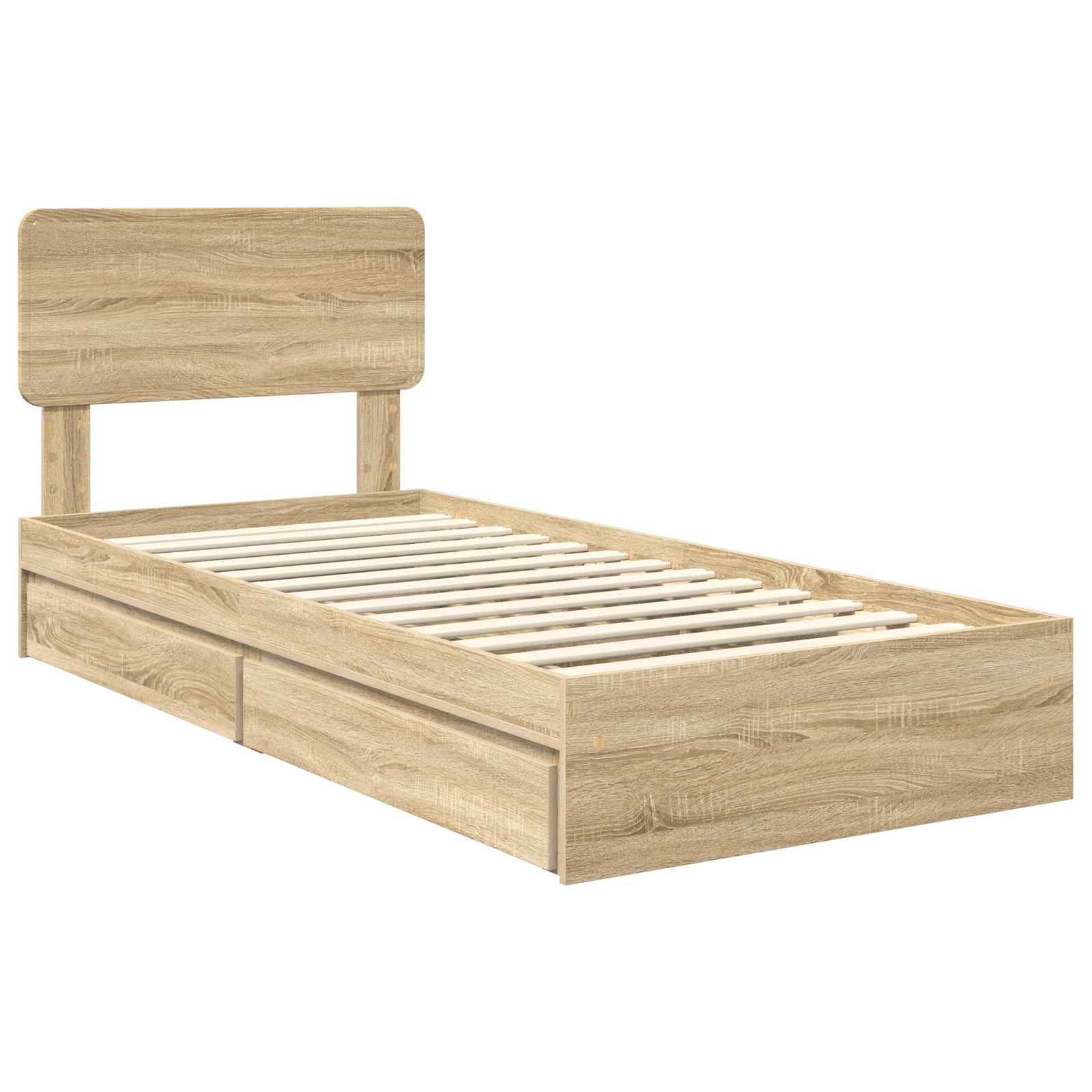 Ein Holz-Einzelbettgestell mit Kopfteil und zwei Staurageschubladen darunter, ausgestattet mit einer hellen Eichenoberfläche und einem Lattenrost.
