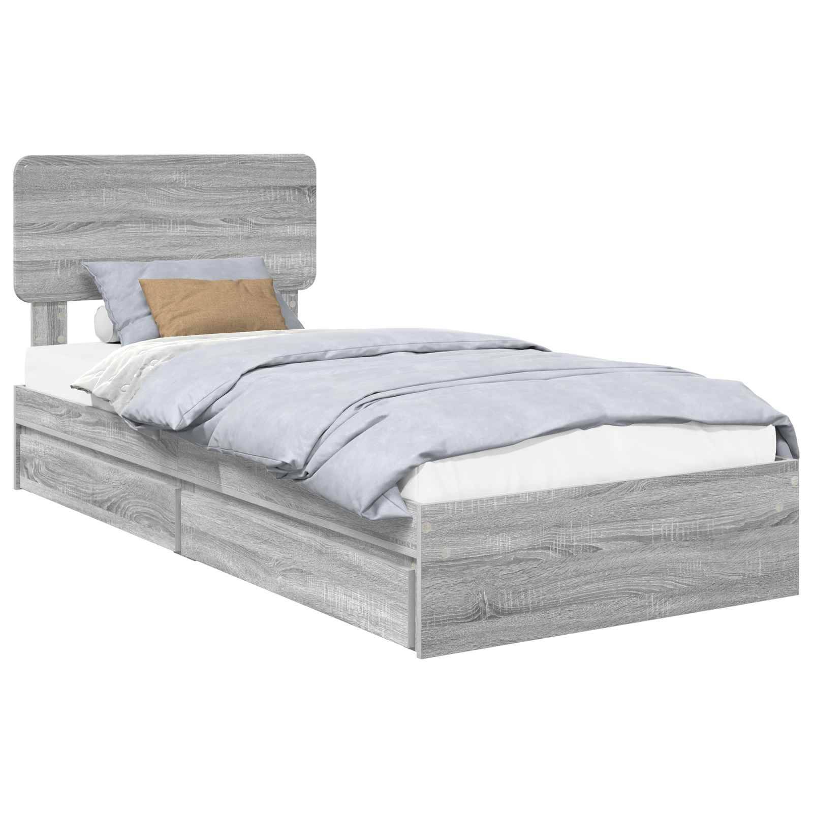 Ein grauer Holzbett mit Kopfteil, ein hellblauer Bettbezug und zwei Kissen, eines in Beige und eines in Blau, auf einer weißen Matratze.