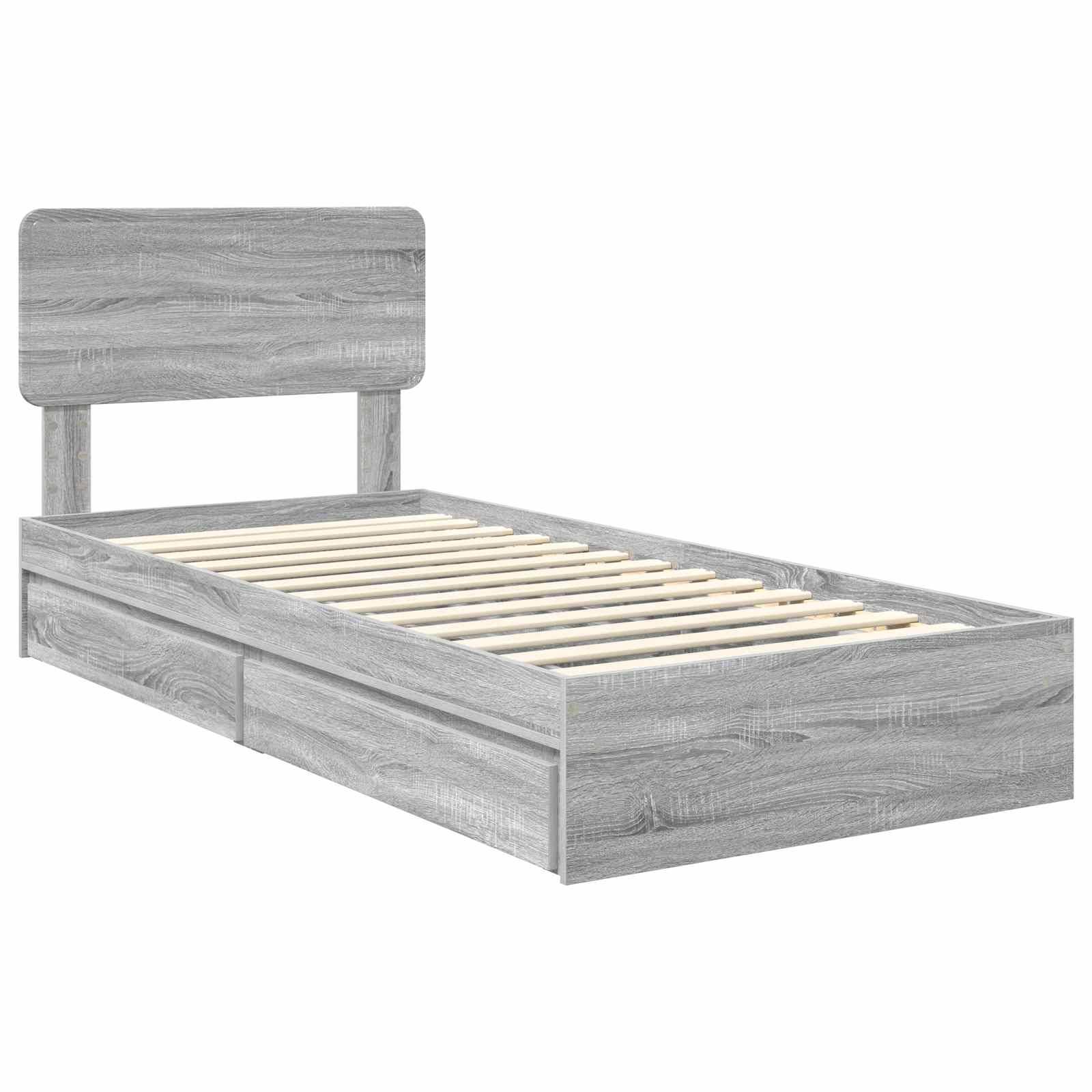 Ein grauer Holzbettrahmen mit hohem Kopfteil und Staurageschubladen, in einem minimalistischen und modernen Stil gestaltet.