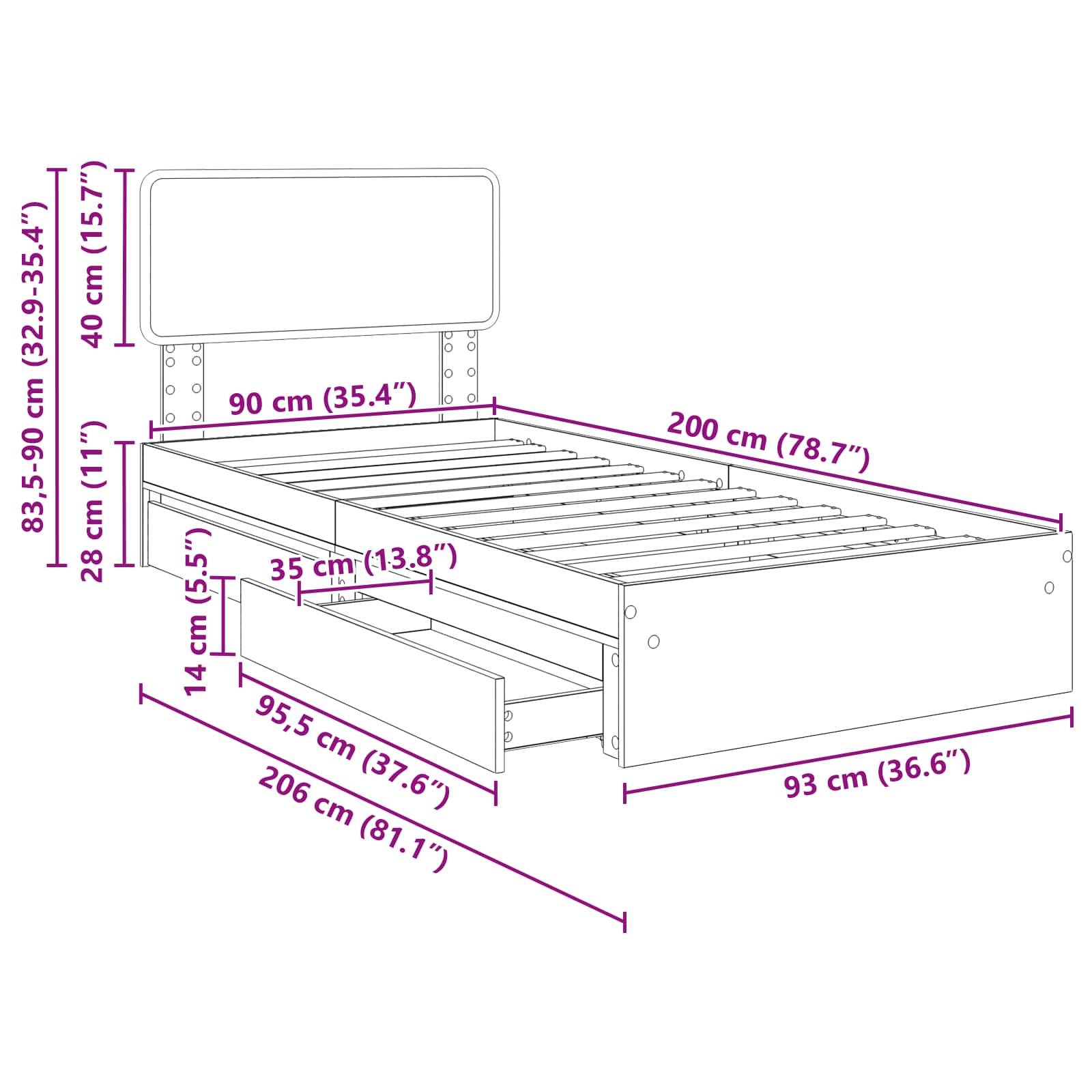 Eine Linienzeichnung eines Bettes mit Aufbewahrungsmaßen: 90 cm (35,4