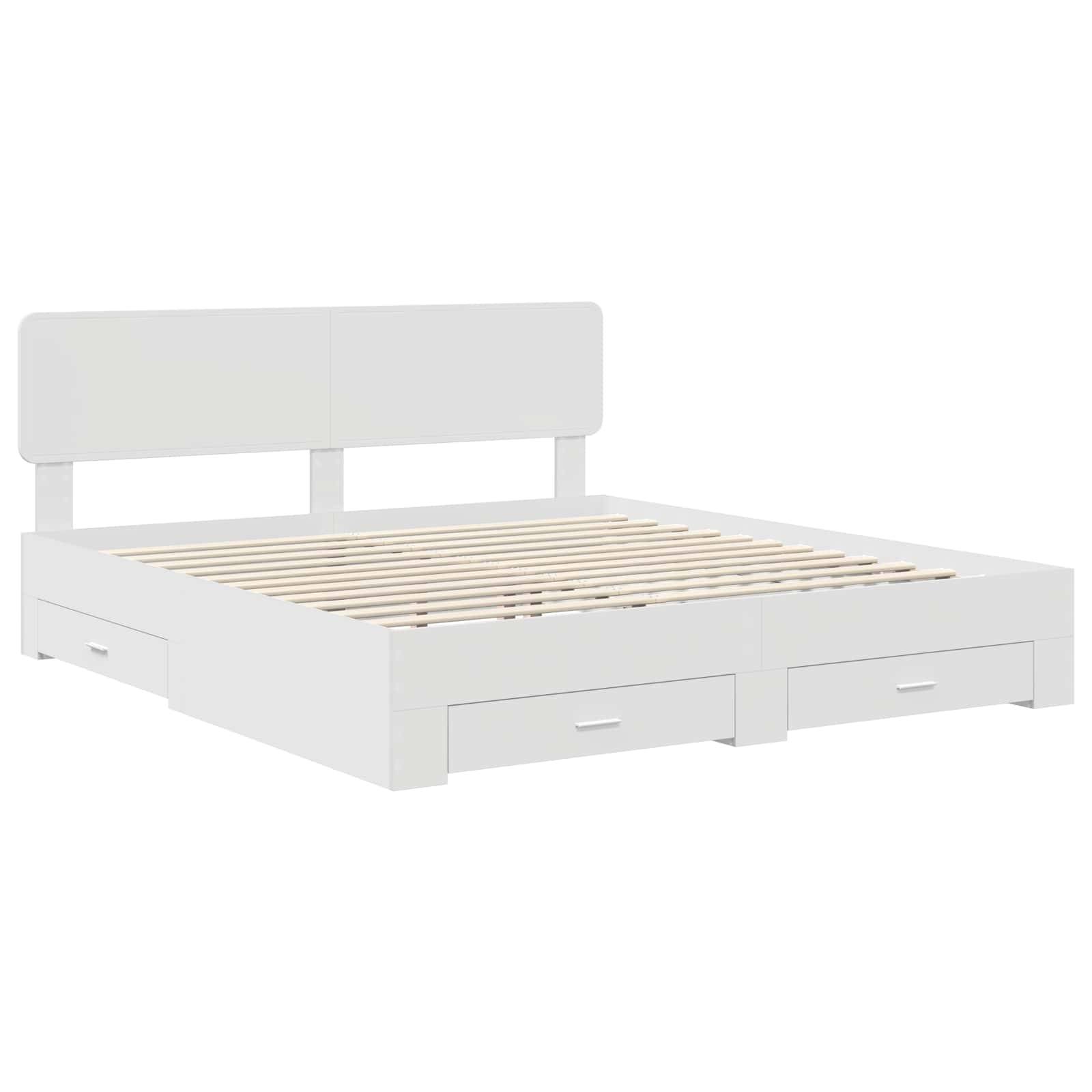 Weißer Bettrahmen mit einem Kopfteil und zwei Staurageschubladen darunter, konzipiert für ein modernes Schlafzimmer.