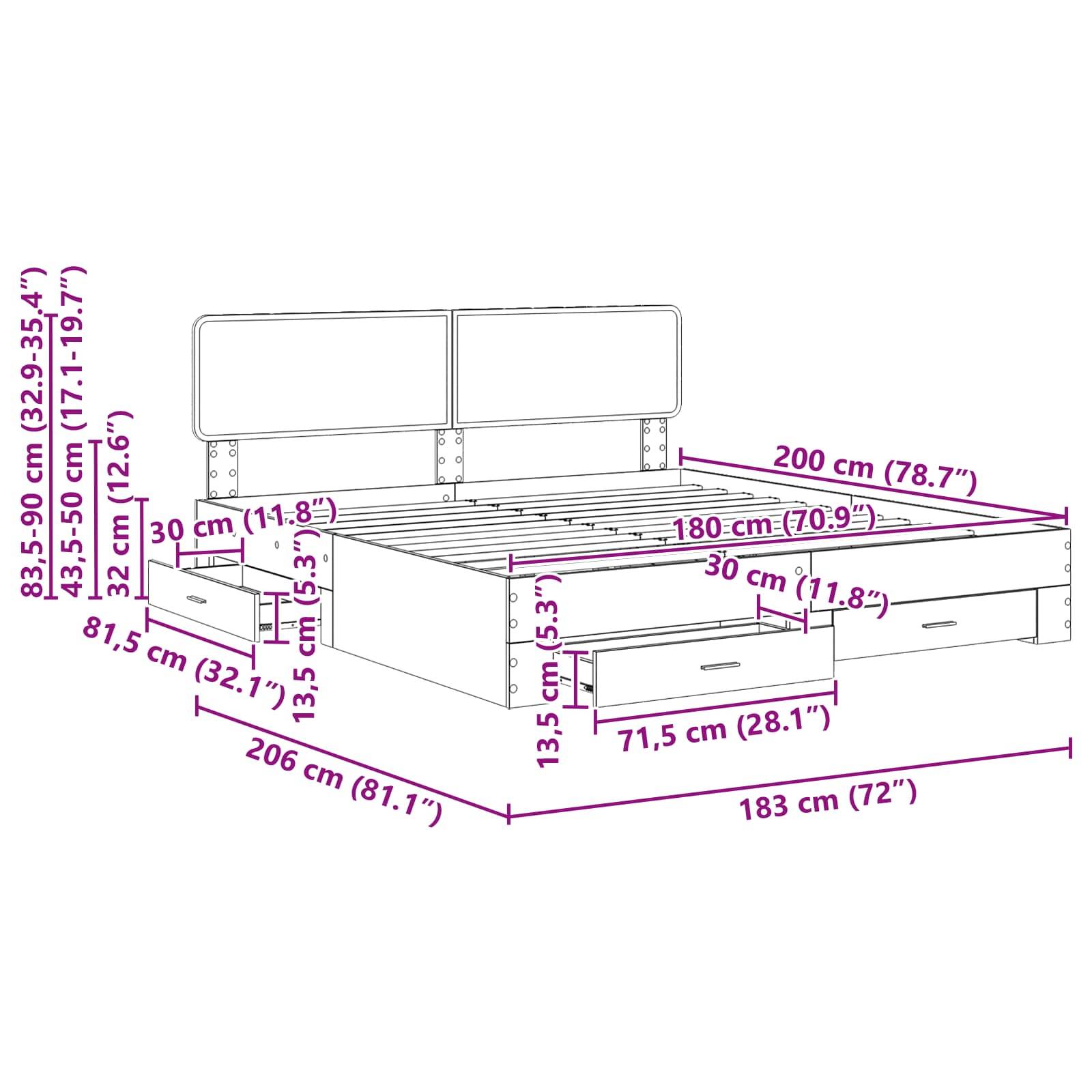 Illustration eines Bettes mit detaillierten Maßen. Gesamtlänge: 206 cm, Breite: 183 cm, Höhe: 83,5-90 cm. Inklusive Schublademensionen.