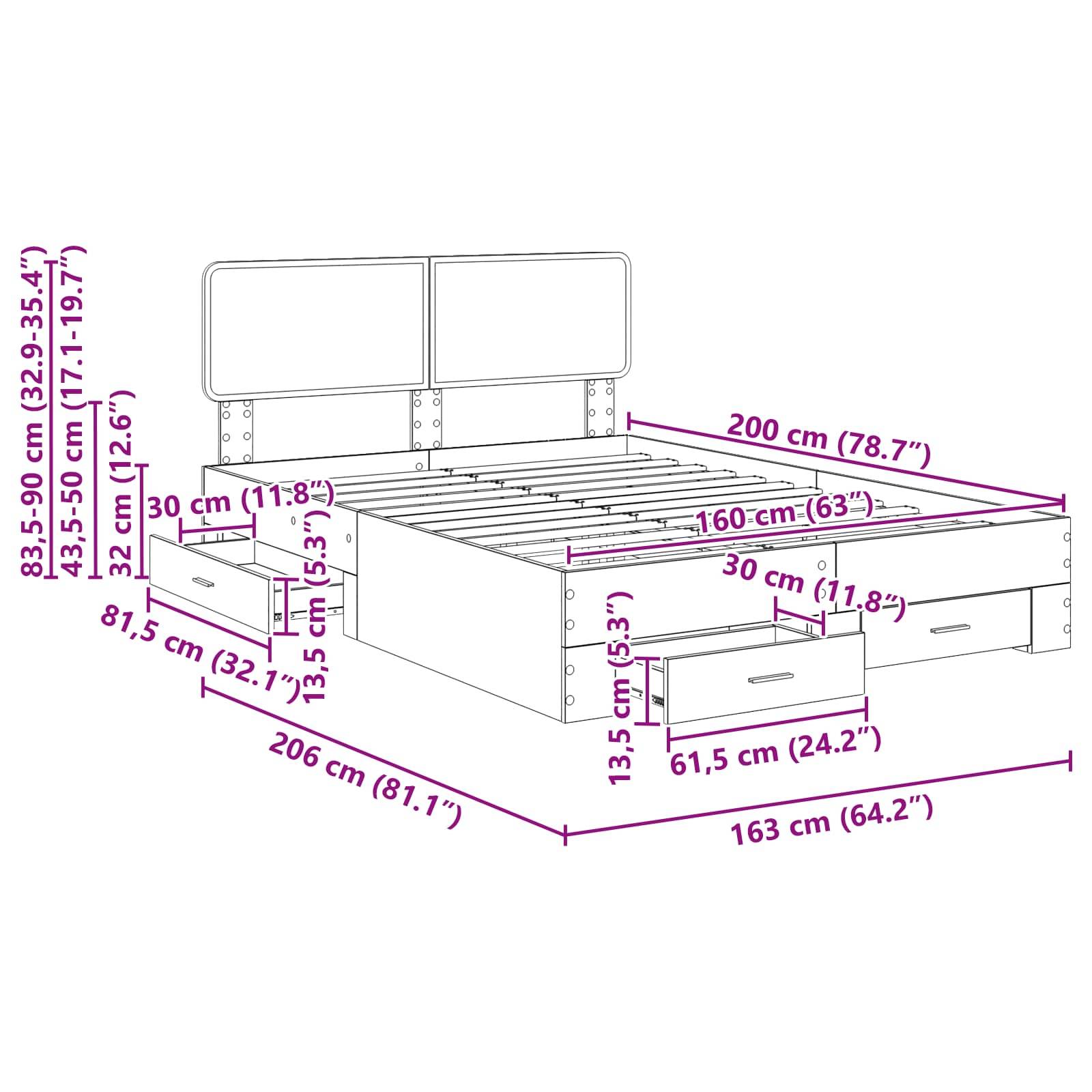 Bettdiagramm mit Abmessungen in Zentimetern und Zoll, das Höhe, Breite, Länge und Schubladengröße zeigt.