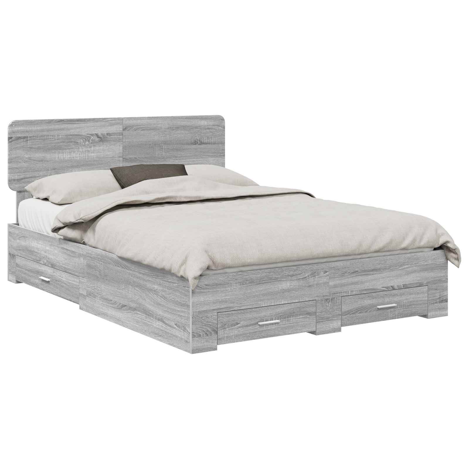 Ein moderner grauer Holzbettrahmen mit Staurageschubladen darunter, ausgestattet mit einem Kopfteil und einem ordentlich gemachten Bett mit weißer und beiger Bettwäsche.