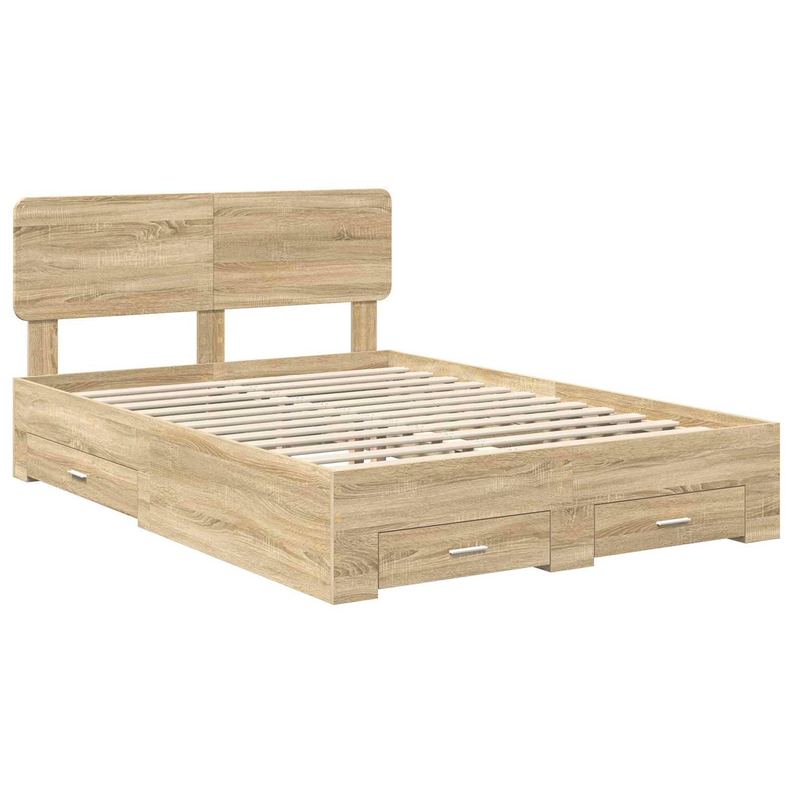 Ein Holzbettgestell mit einem Kopfteil und Staurageschubladen darunter, das eine natürliche Holzoberfläche zur Schau stellt.