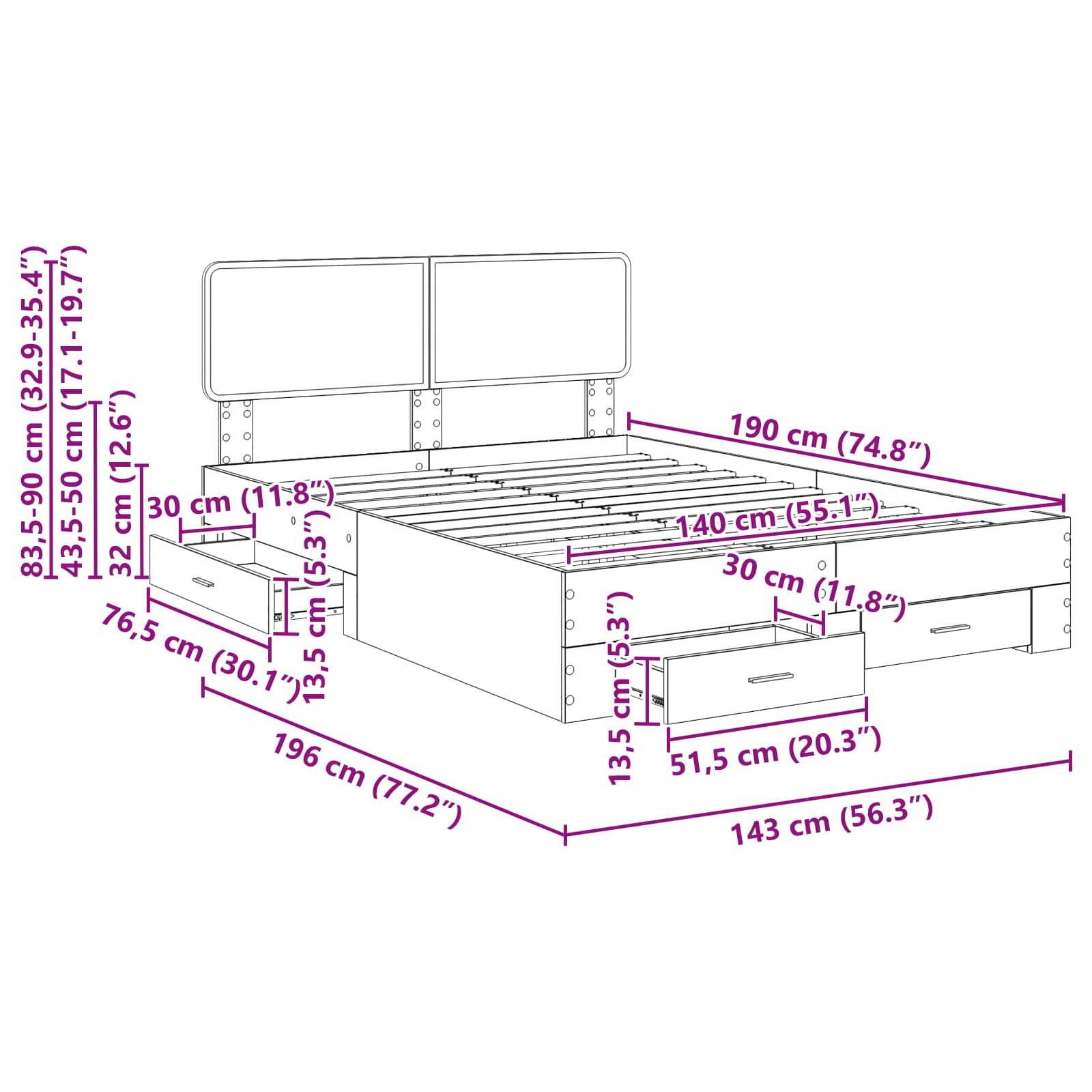 Darstellung eines Bettes mit Maßen und Lagerungsdetails: Breite 190 cm, Länge 196 cm, Höhe 38-59 cm. Inklusive Bettkasten-Schubladen.