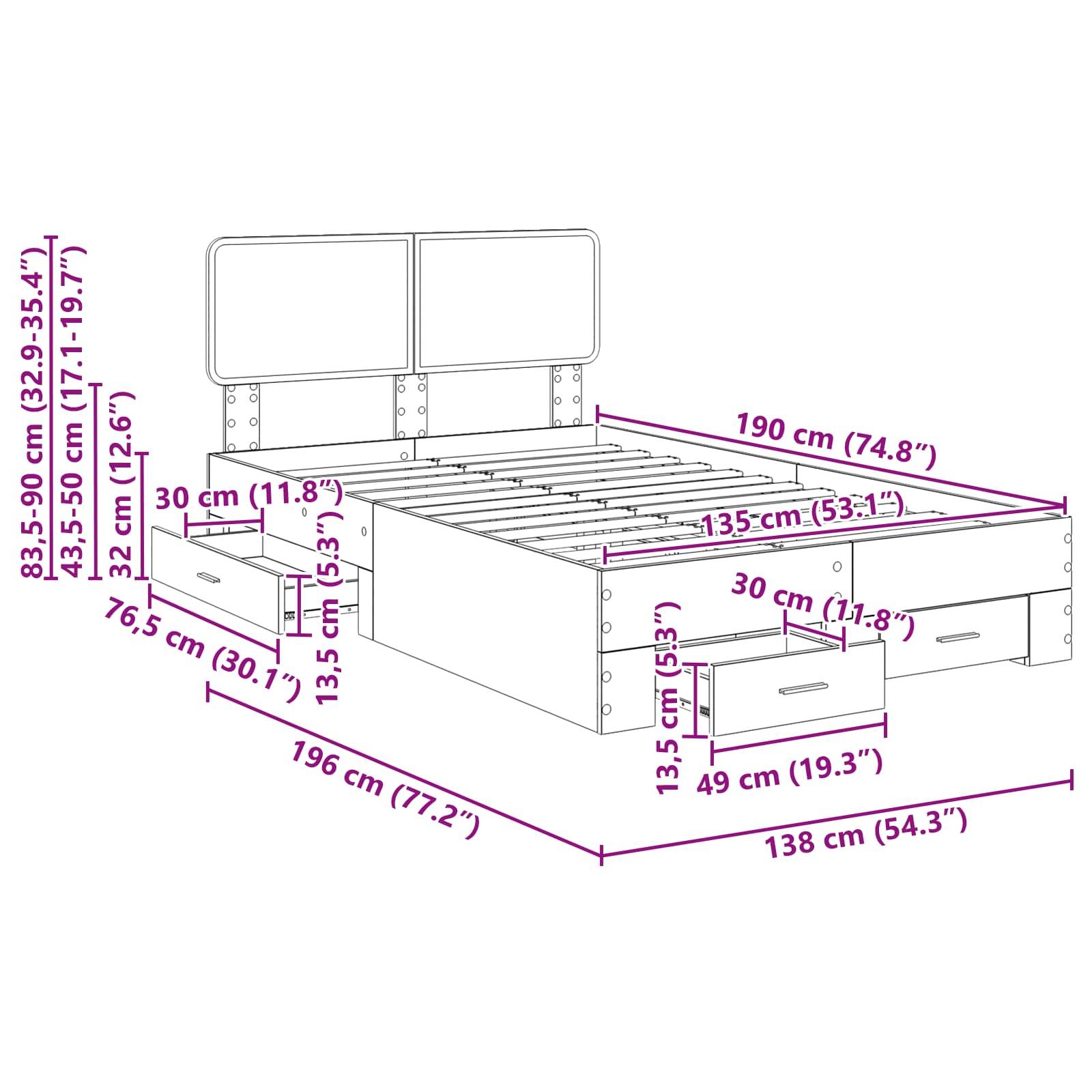 Diagramm eines Bettes mit Maßen: 190 cm Länge, 138 cm Breite, zwei Aufbewahrungsschubladen an jeder Seite, jeweils 39 x 49 cm.