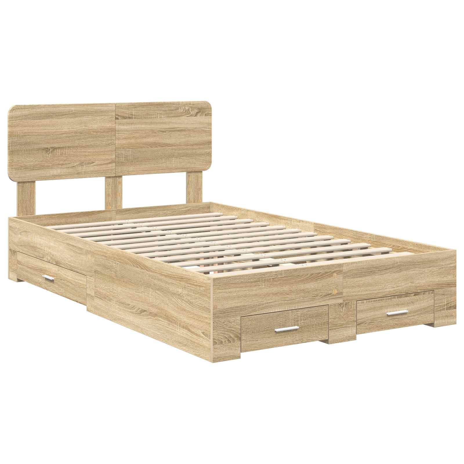 Ein Holzbettgestell mit einem Kopfteil und Schubladen an den Seiten, in einem hellen Eichenfinish präsentiert.