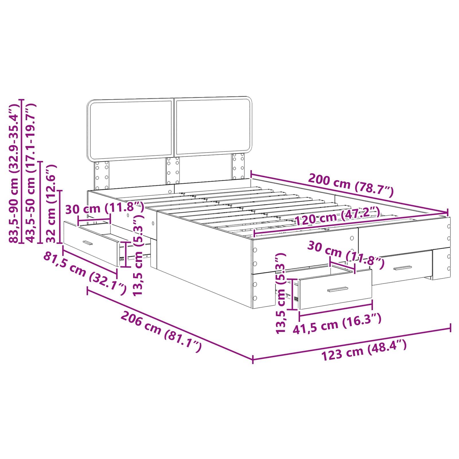 Bettdiagramm mit Stauraum-Abmessungen: Breite 123 cm, Länge 206 cm. Mit Schubladen an beiden Seiten und verstellbarer Kopfteillinie.