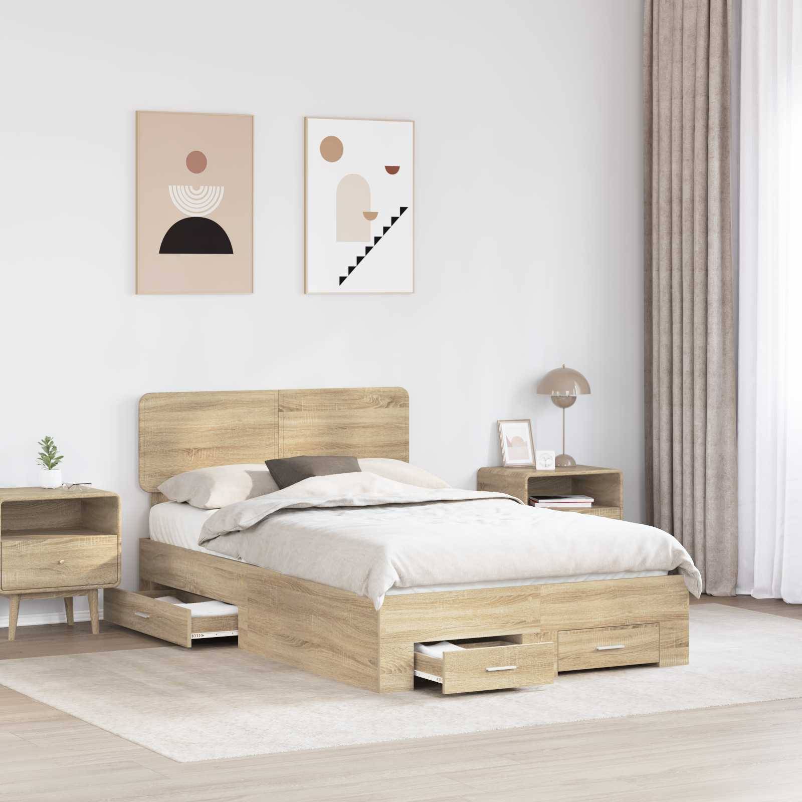 Ein modernes Schlafzimmer mit einem Holzbettgestell mit integrierten Schubladen, neutraler Bettwäsche und zwei abstrakten Kunstwerken an der Wand.