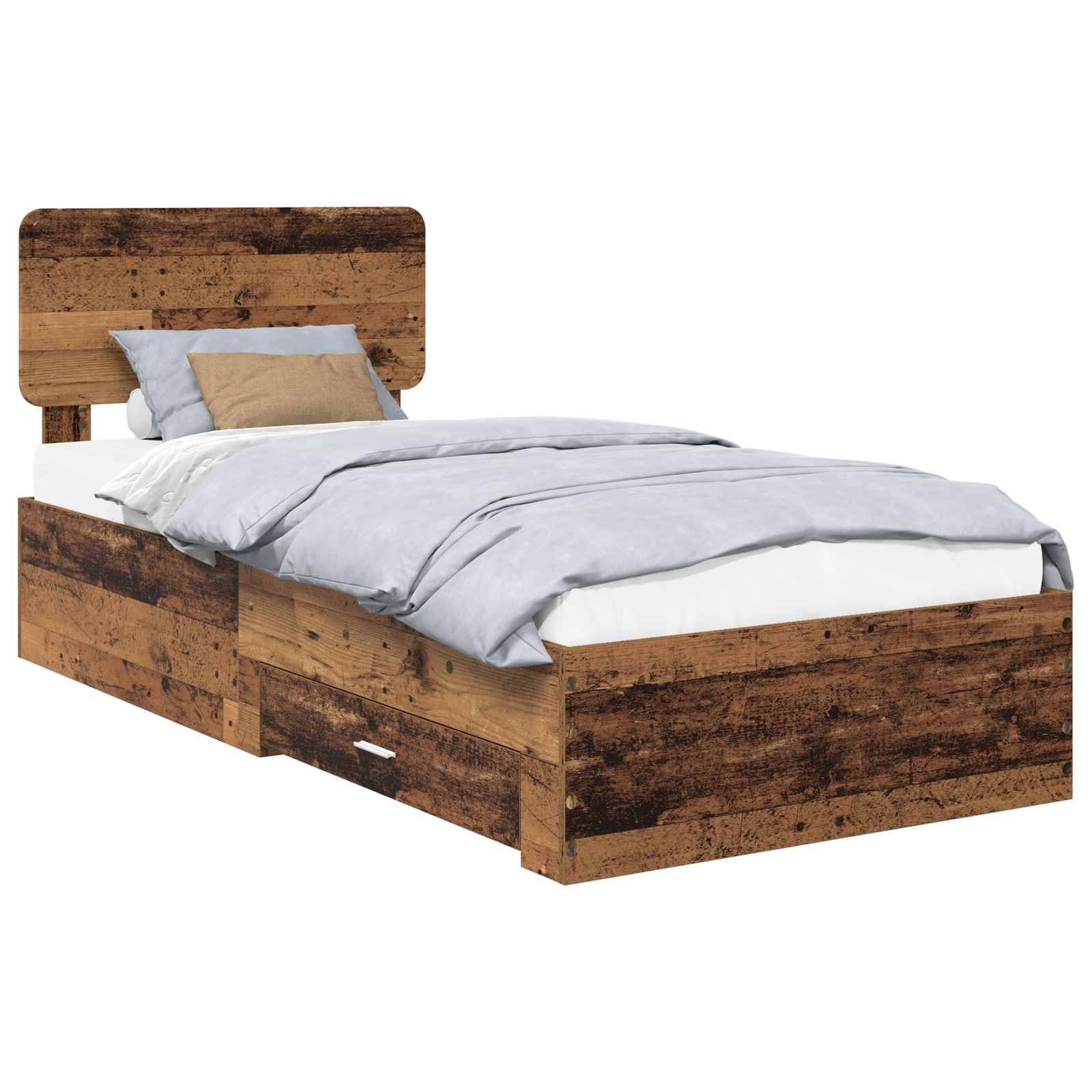 Ein Holzbett mit rustikalem Finish, ausgestattet mit einem Kopfteil und zwei seitlichen Schubladen zur Aufbewahrung, bezogen mit hellblauer und beiger Bettwäsche.