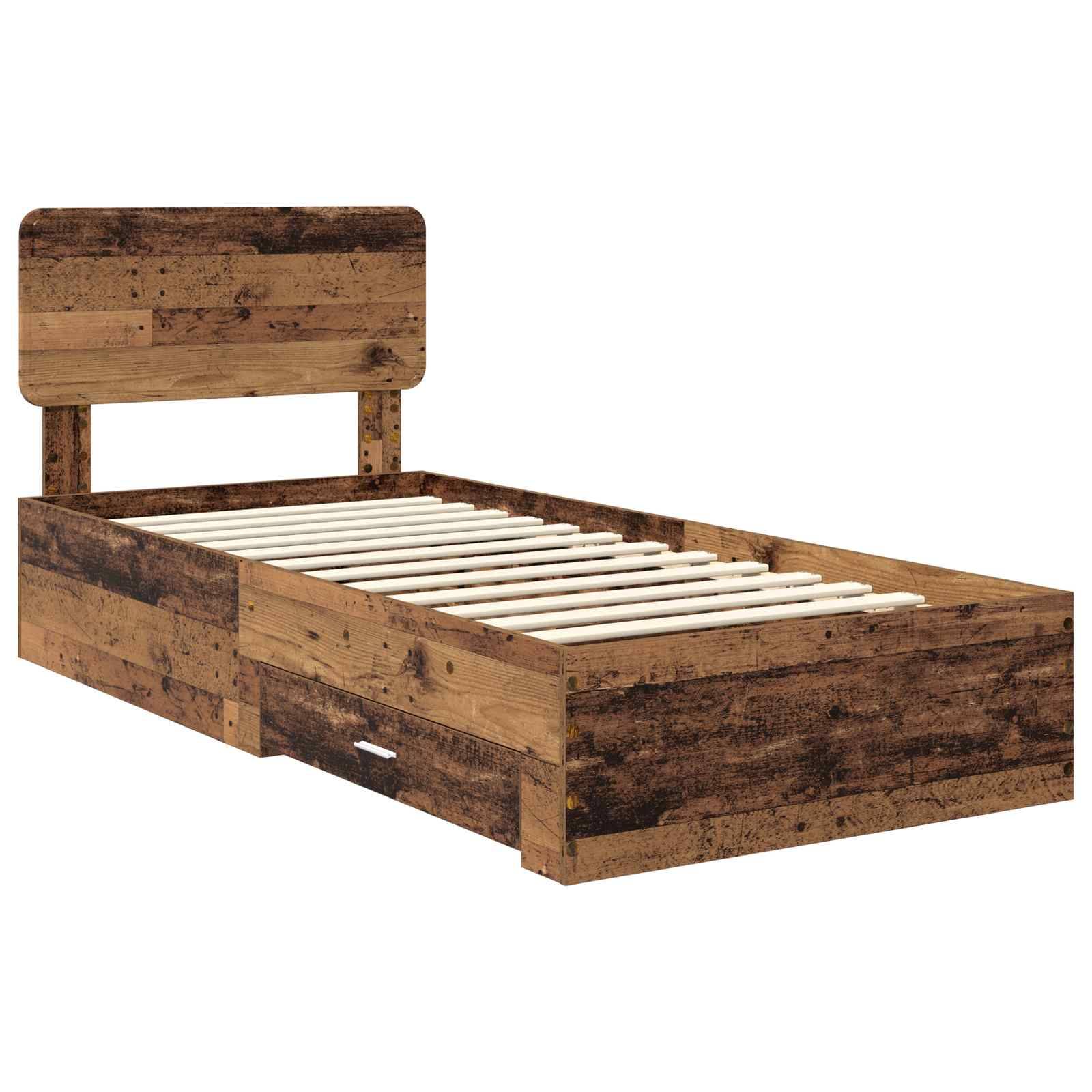 Ein Holz-Einzelbettgestell mit rustikaler Oberfläche verfügt über einen hohen Kopfteil und eine Schublade zur Aufbewahrung darunter.