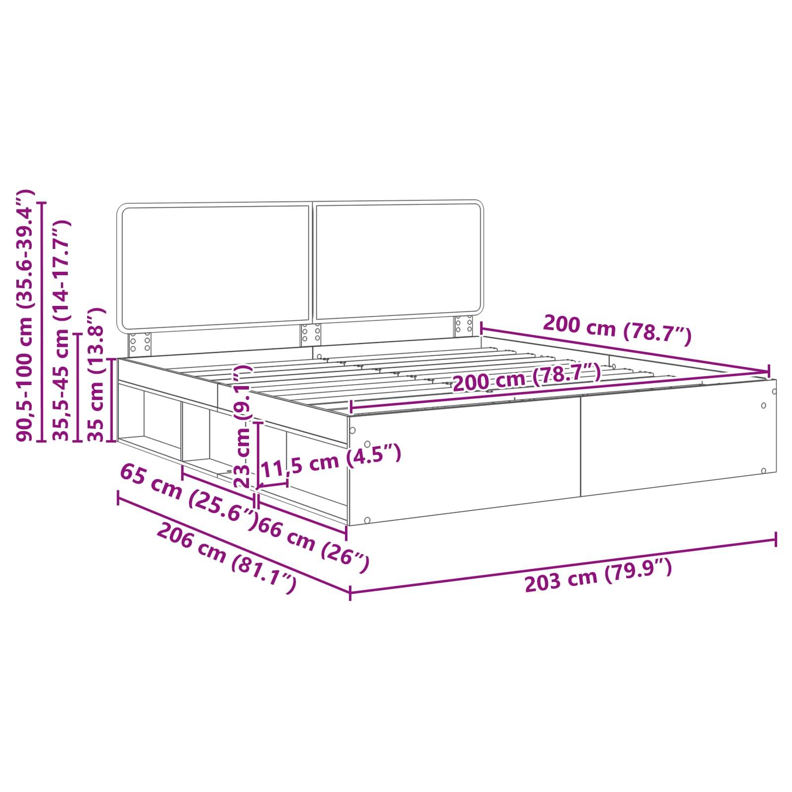Diagramm eines Bettgestells mit Maßen: Kopfteilhöhe 90,5-100 cm, Bettlänge 206 cm, Breite 206 cm und Tiefe 200 cm.